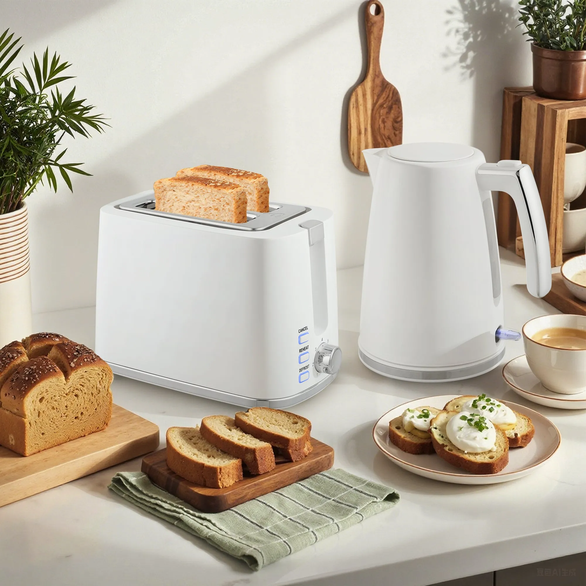 1.7L 2200W Electric Kettle with Thermostat and Double Toaster with 7 Browning Levels, White - Image 2