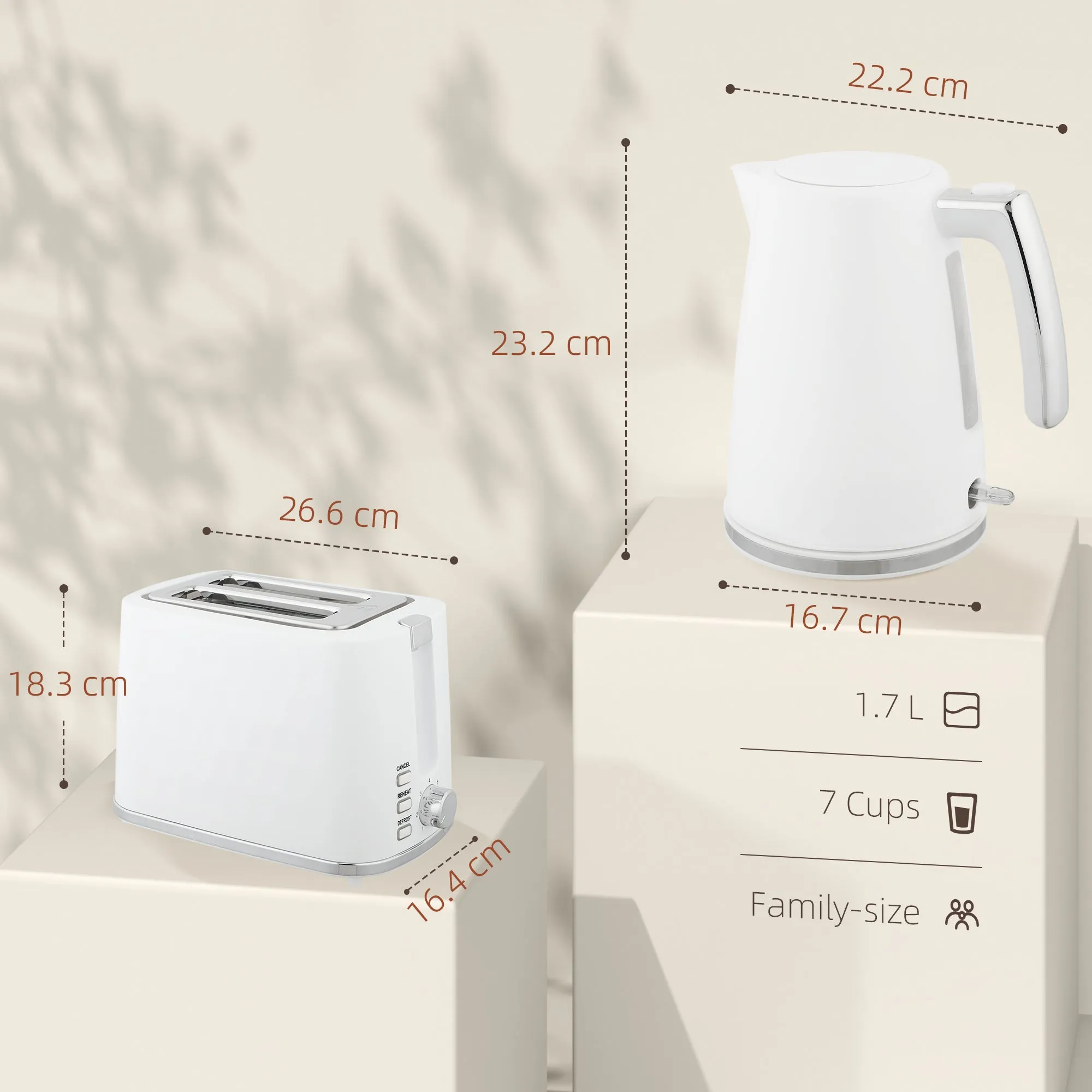 1.7L 2200W Electric Kettle with Thermostat and Double Toaster with 7 Browning Levels, White - Image 3