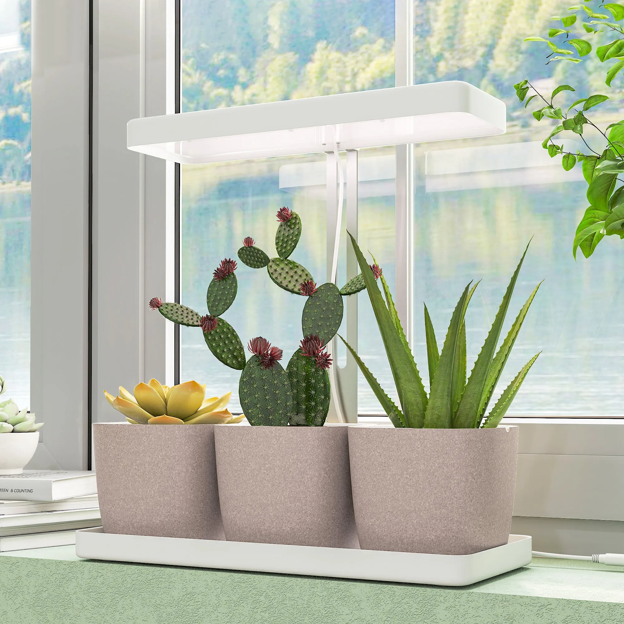 42 LED Plant Lights with 3 Pots, Timer and Dimmable Lighting, 45x18.8x47.8 cm, White - Image 2