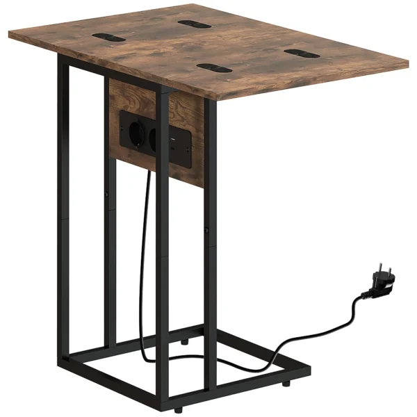 Expandable C-Shaped Coffee Table with 2 Charging Stations, Wood and Metal, 39x29x57 cm, Black and Brown