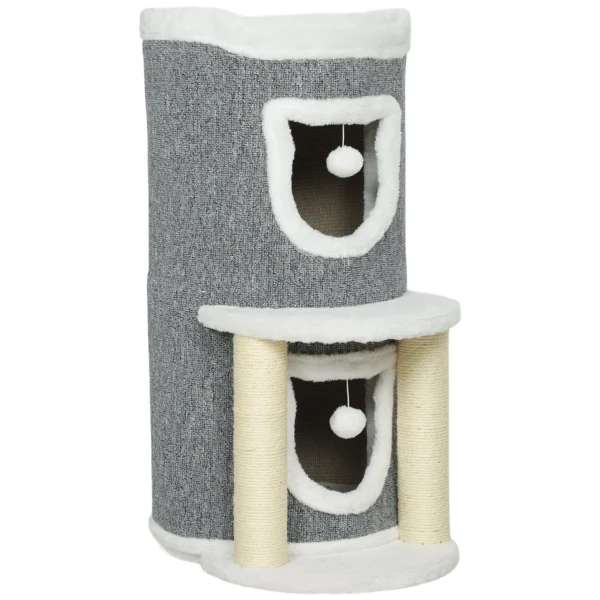 Cat Scratching Tree, 76 cm Tall, with Houses, Bed, Balls and Sisal Posts, Grey