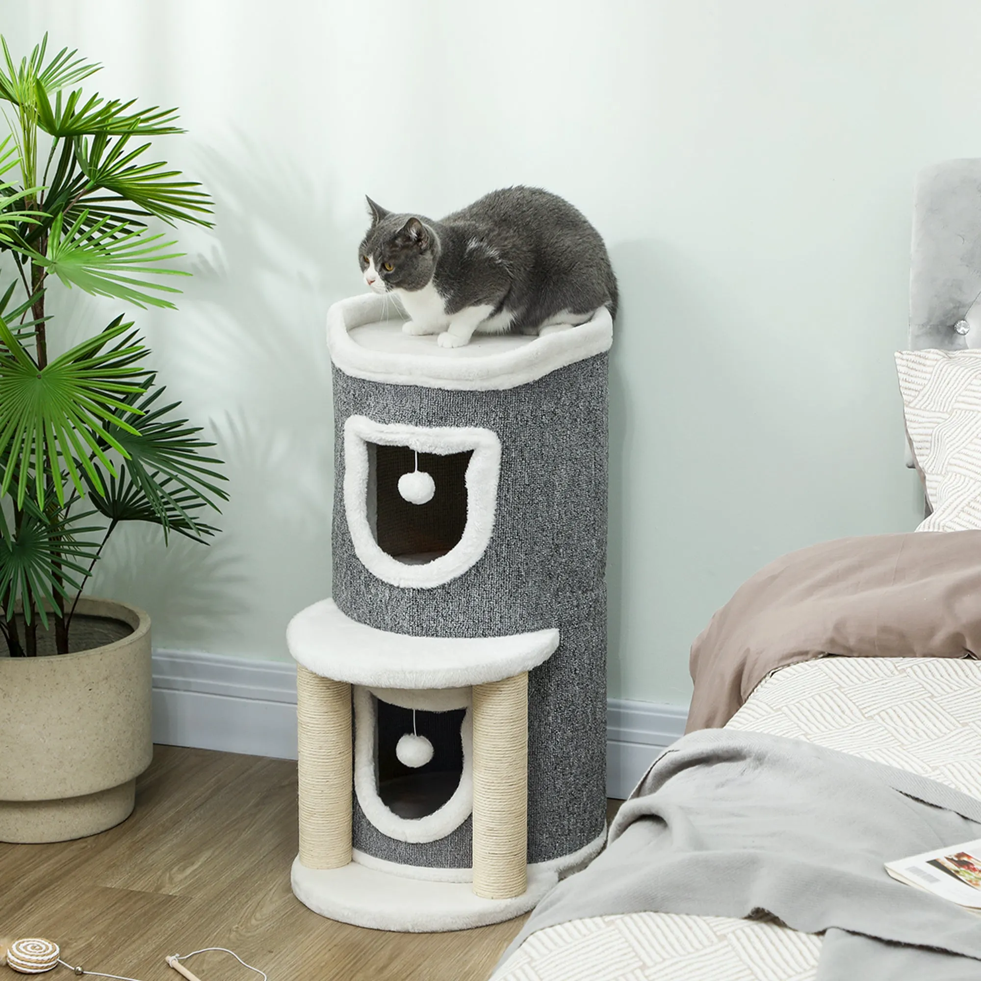 Cat Scratching Tree, 76 cm Tall, with Houses, Bed, Balls and Sisal Posts, Grey - Image 2