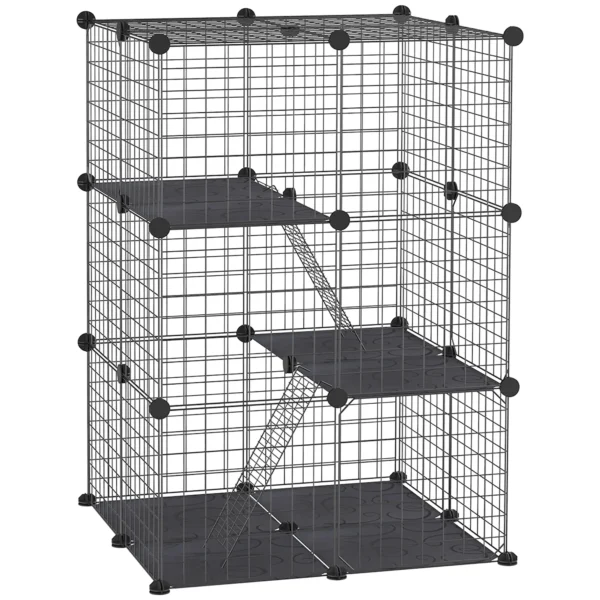 Modular Rabbit and Guinea Pig Cage with 3 Doors and Steel Wire, Black