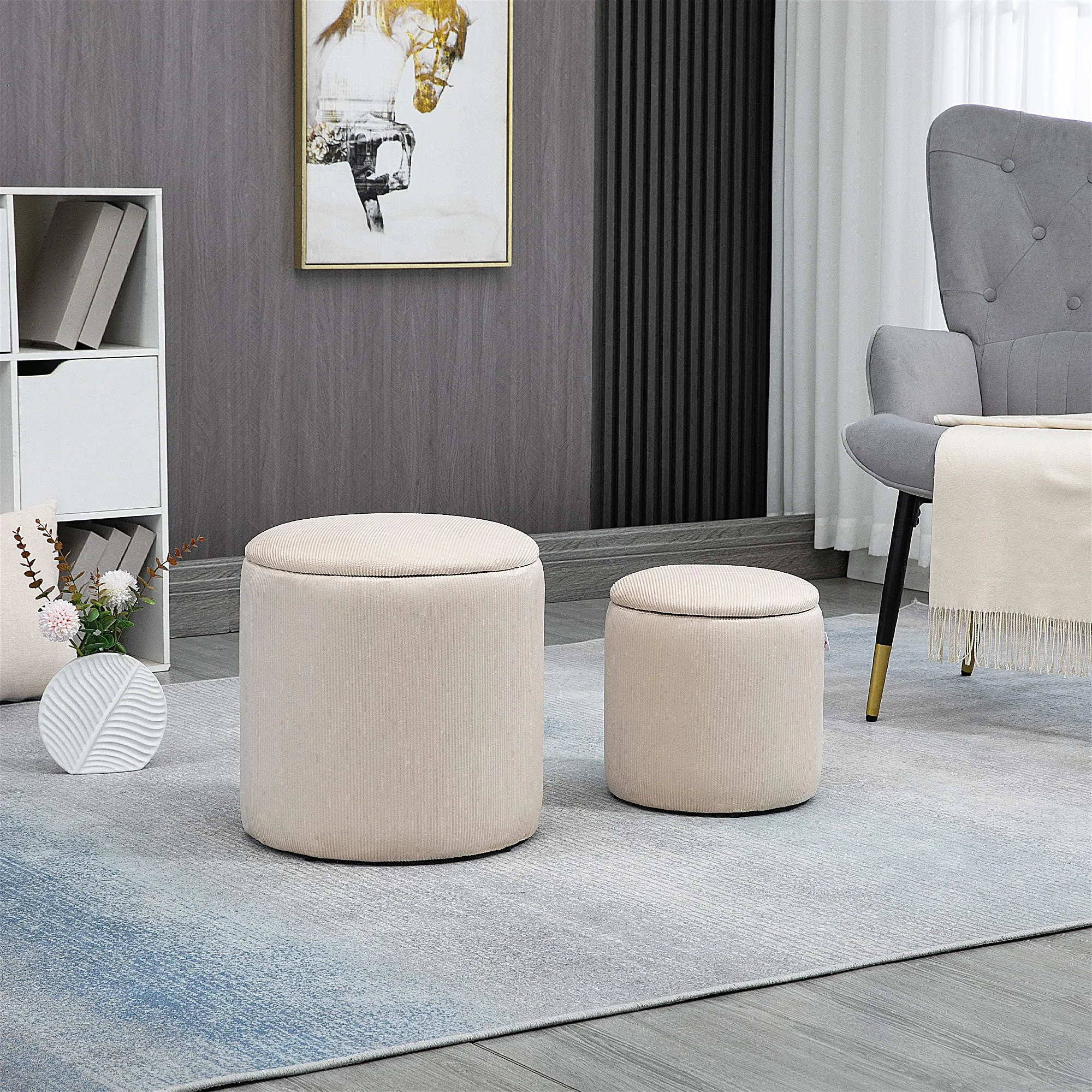 Set of 2 Round Corduroy Storage Ottomans, White - Image 2