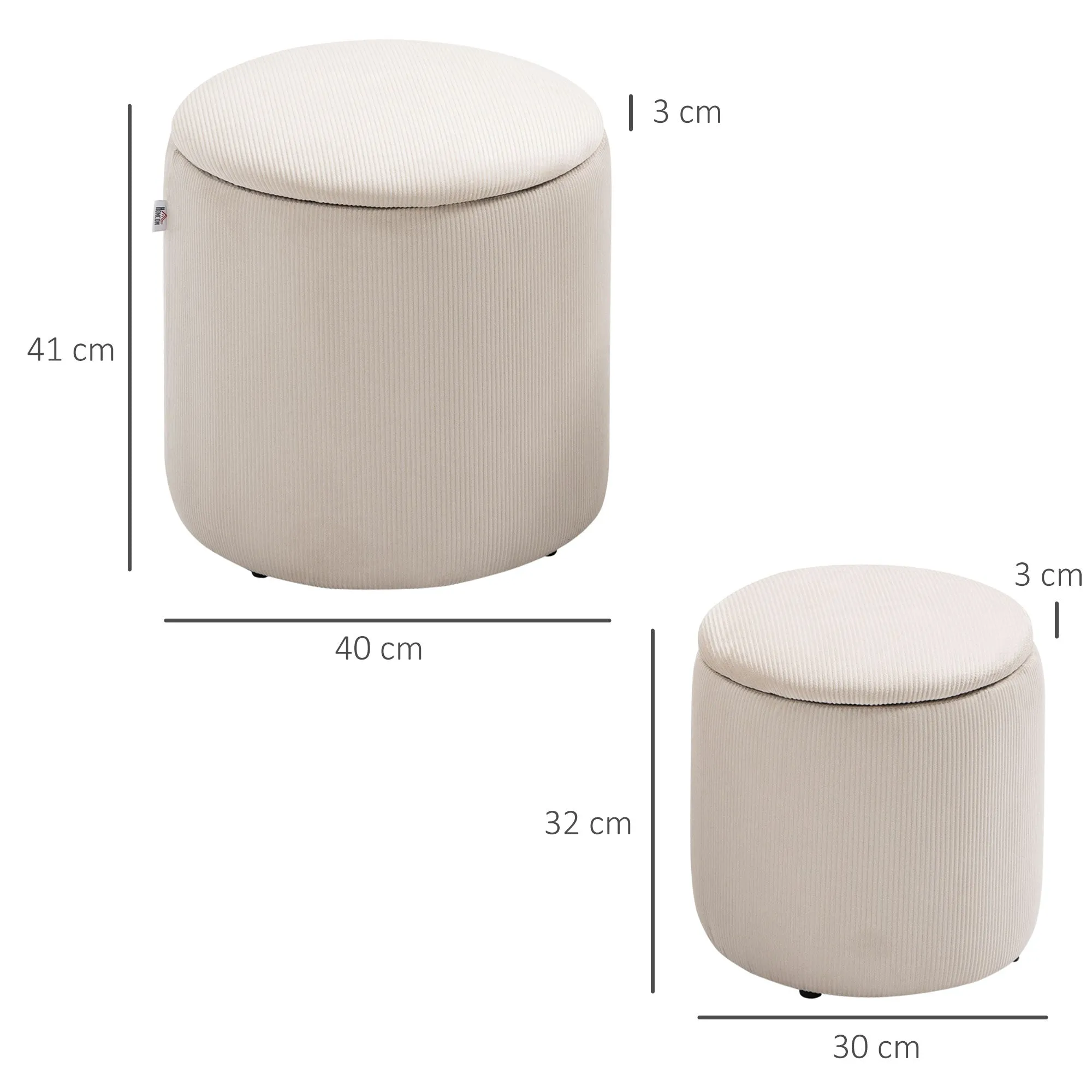 Set of 2 Round Corduroy Storage Ottomans, White - Image 3