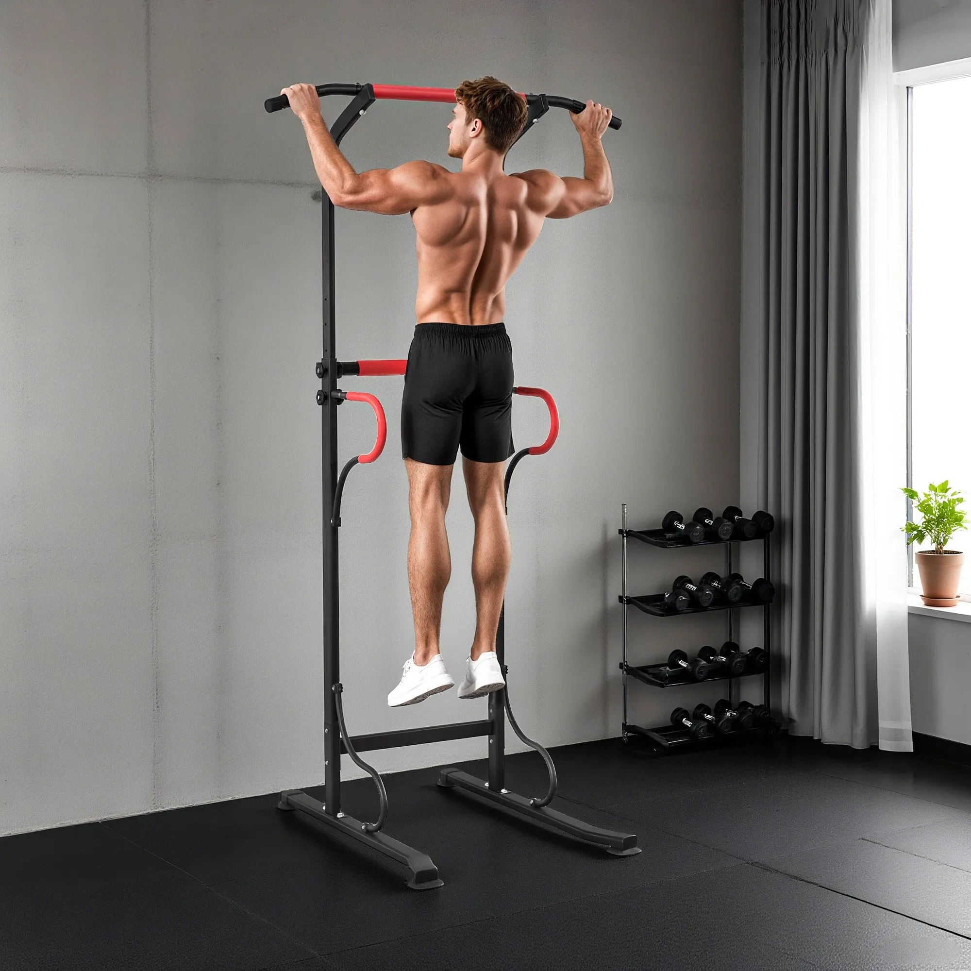 Power Tower Pull-Up Bar Multifunctional Fitness Station with Adjustable Height 171-219cm Black Red - Image 2