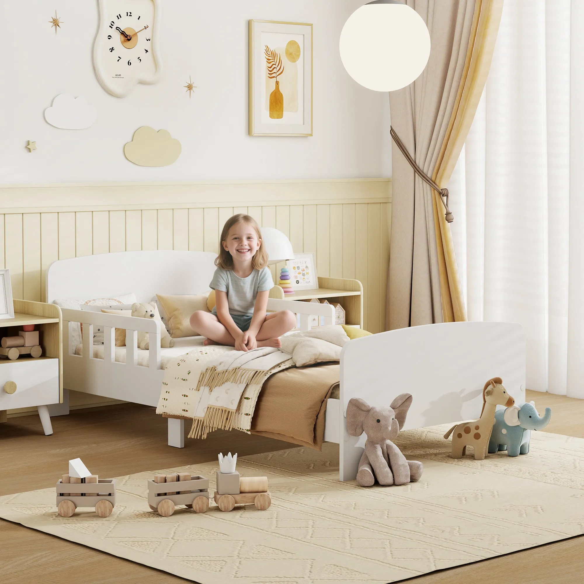 Children's Bed for 3-8 Years Low with Side Rails and Smooth Edges, Made of Wood, 143.5x74.2x54 cm, White - Image 2