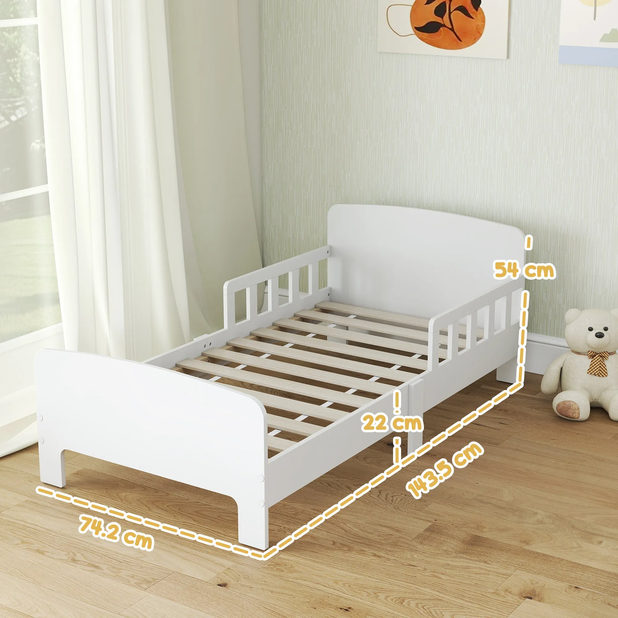 Children's Bed for 3-8 Years Low with Side Rails and Smooth Edges, Made of Wood, 143.5x74.2x54 cm, White - Image 3