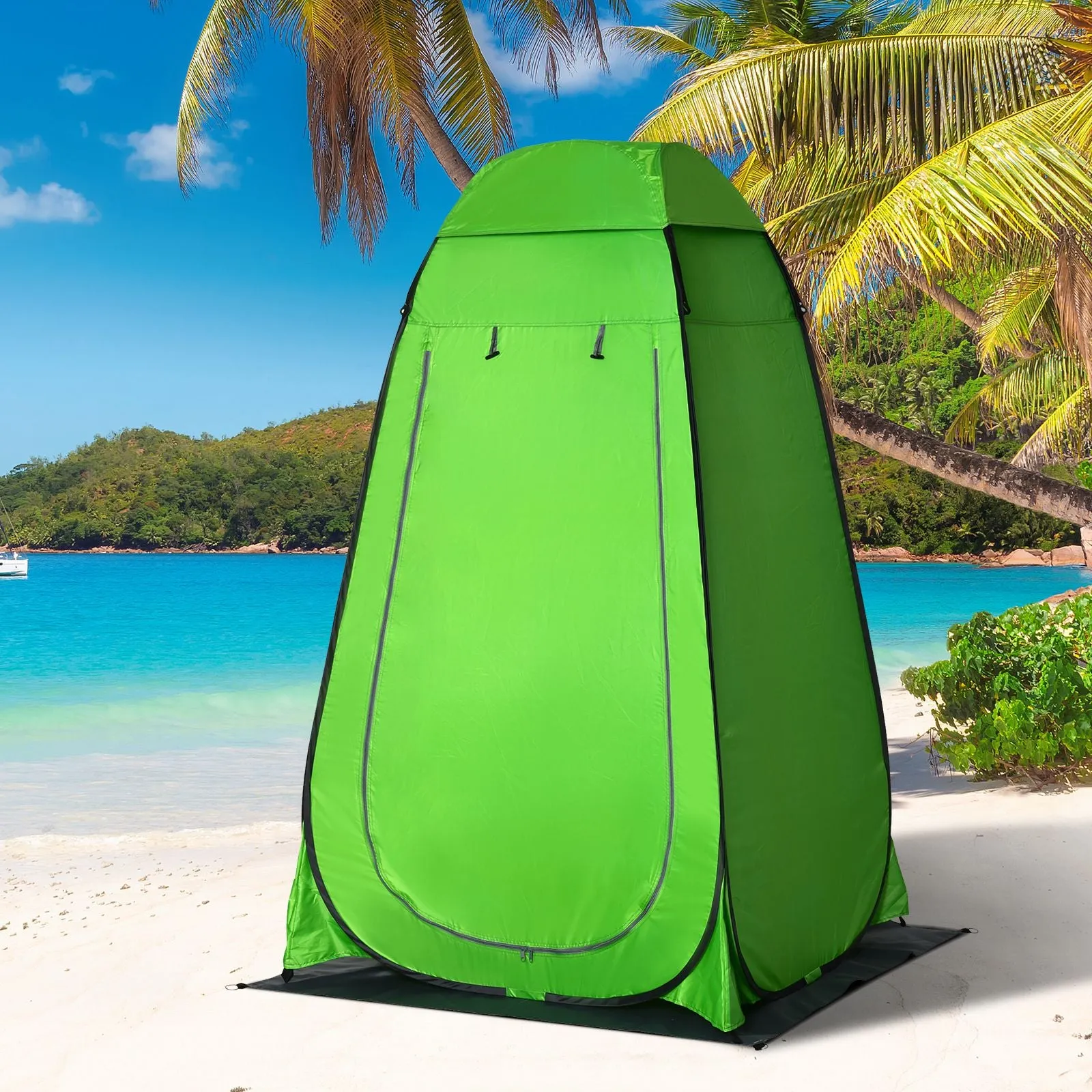 Outdoor Camping Shower Tent with Zippered Door, Storage Bag, and Hook, 126x124x189cm, Green - Image 2