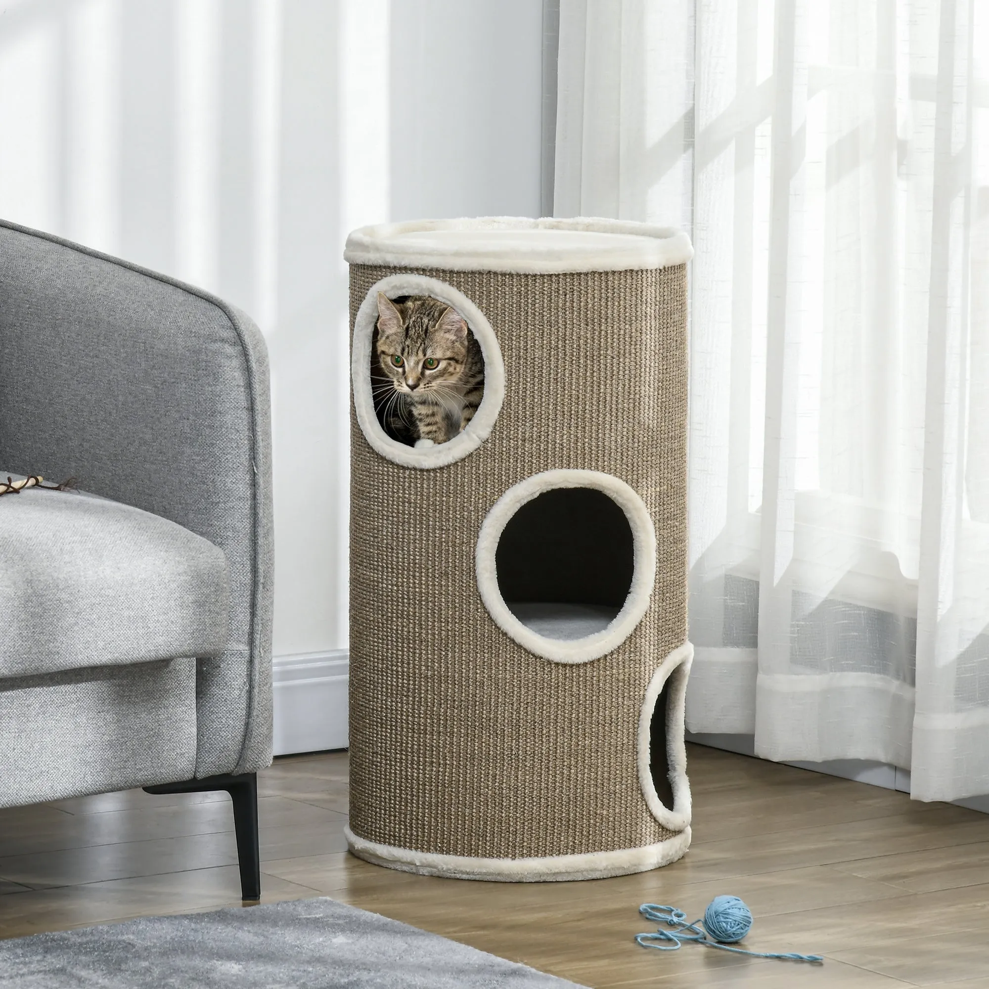 3-Tier Cat House with Sisal Scratching Post and Plush, Ø38x70cm, Brown - Image 2