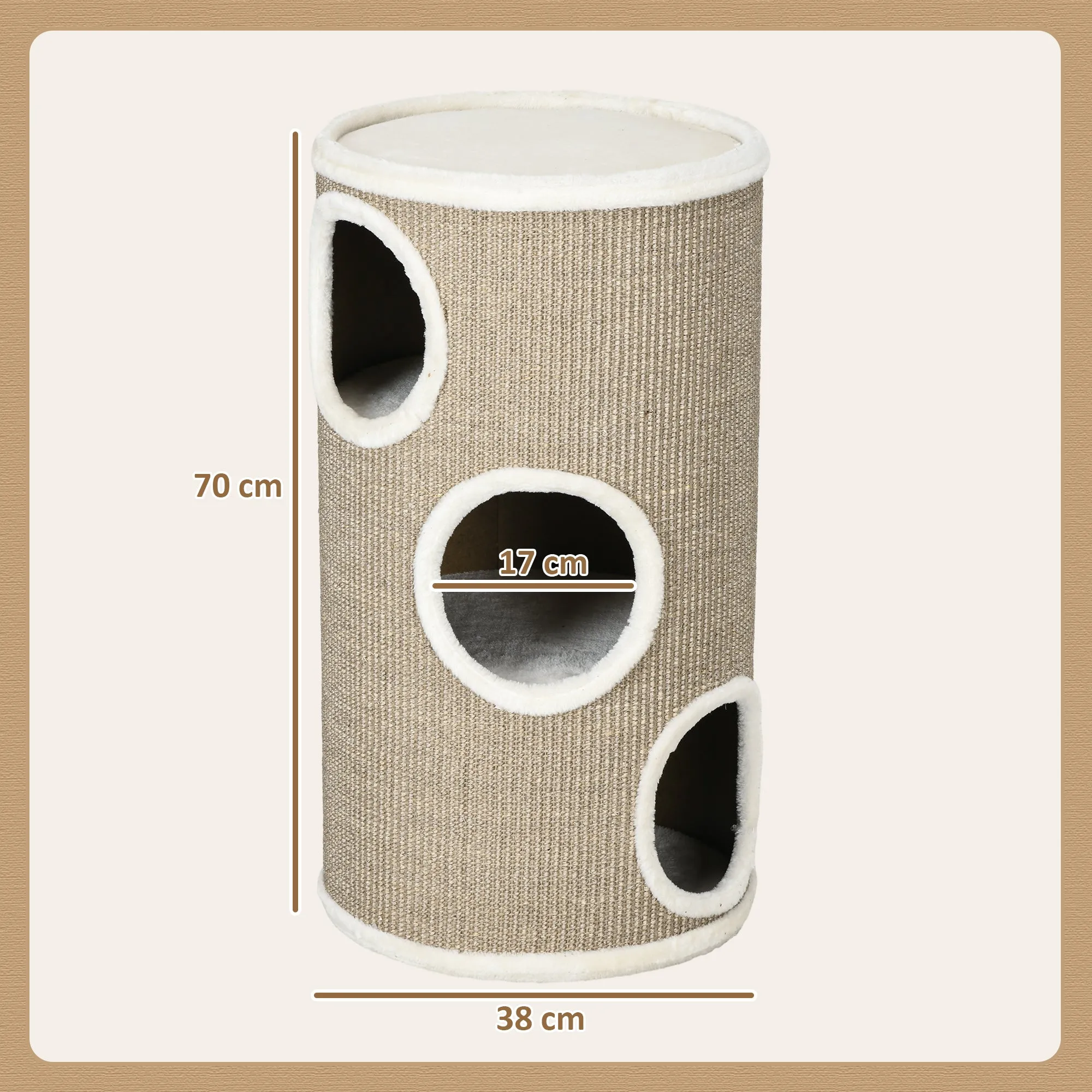 3-Tier Cat House with Sisal Scratching Post and Plush, Ø38x70cm, Brown - Image 3