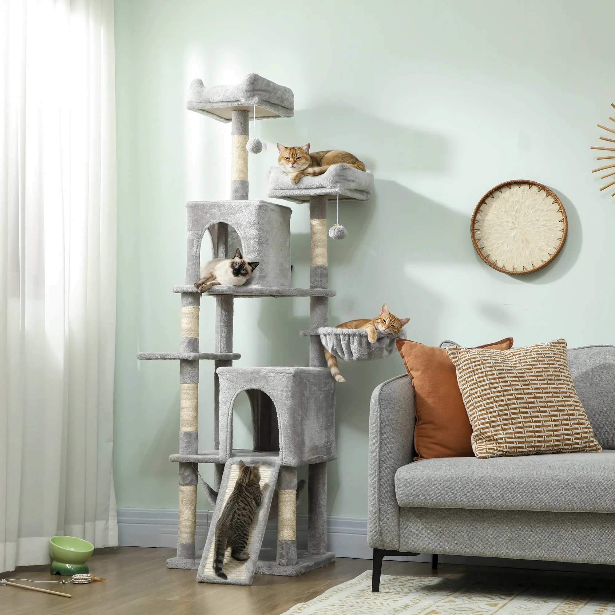 Cat Tree with 2 Cat Houses, 2 Cat Beds, Perch and 2 Balls, 48x40x177 cm, Light Grey and Beige - Image 2