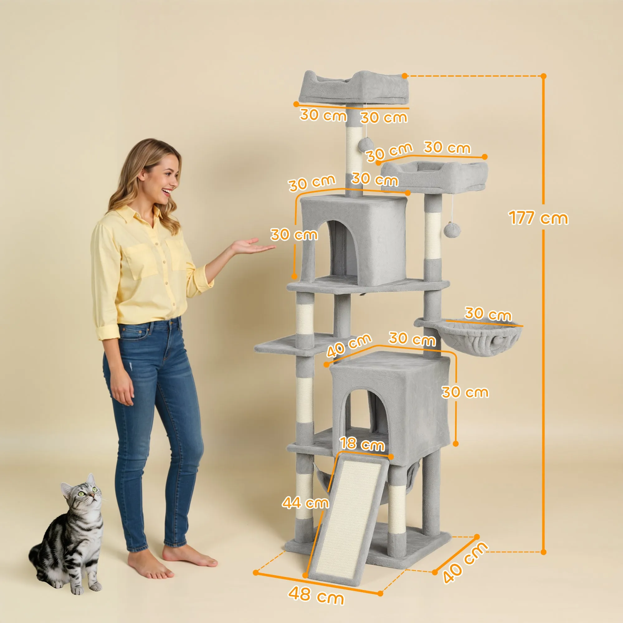 Cat Tree with 2 Cat Houses, 2 Cat Beds, Perch and 2 Balls, 48x40x177 cm, Light Grey and Beige - Image 3