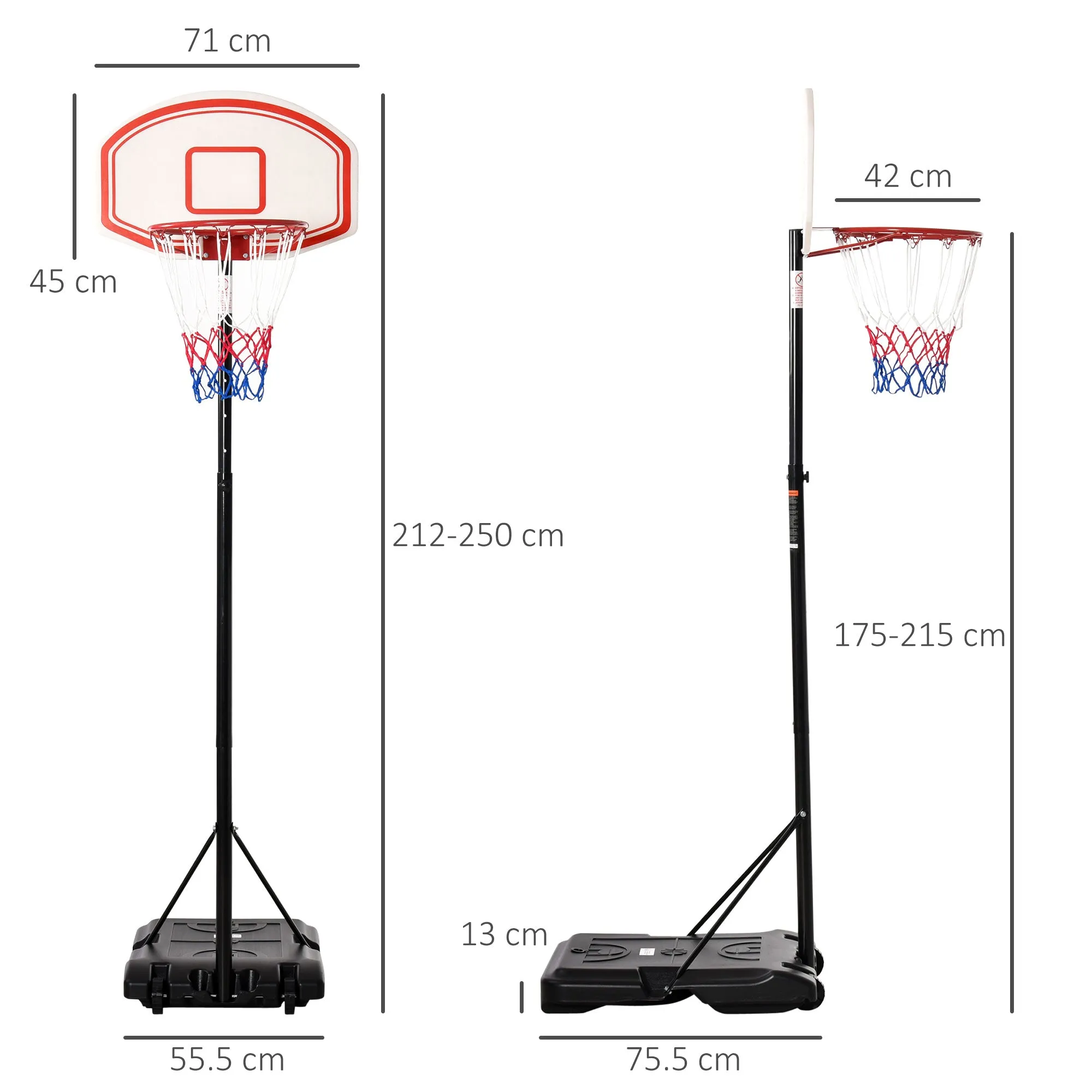 Basketball Hoop, 5-Level Adjustable Height 175-215cm, Metal Frame and Fillable Base with Wheels, PE Backboard - Image 3