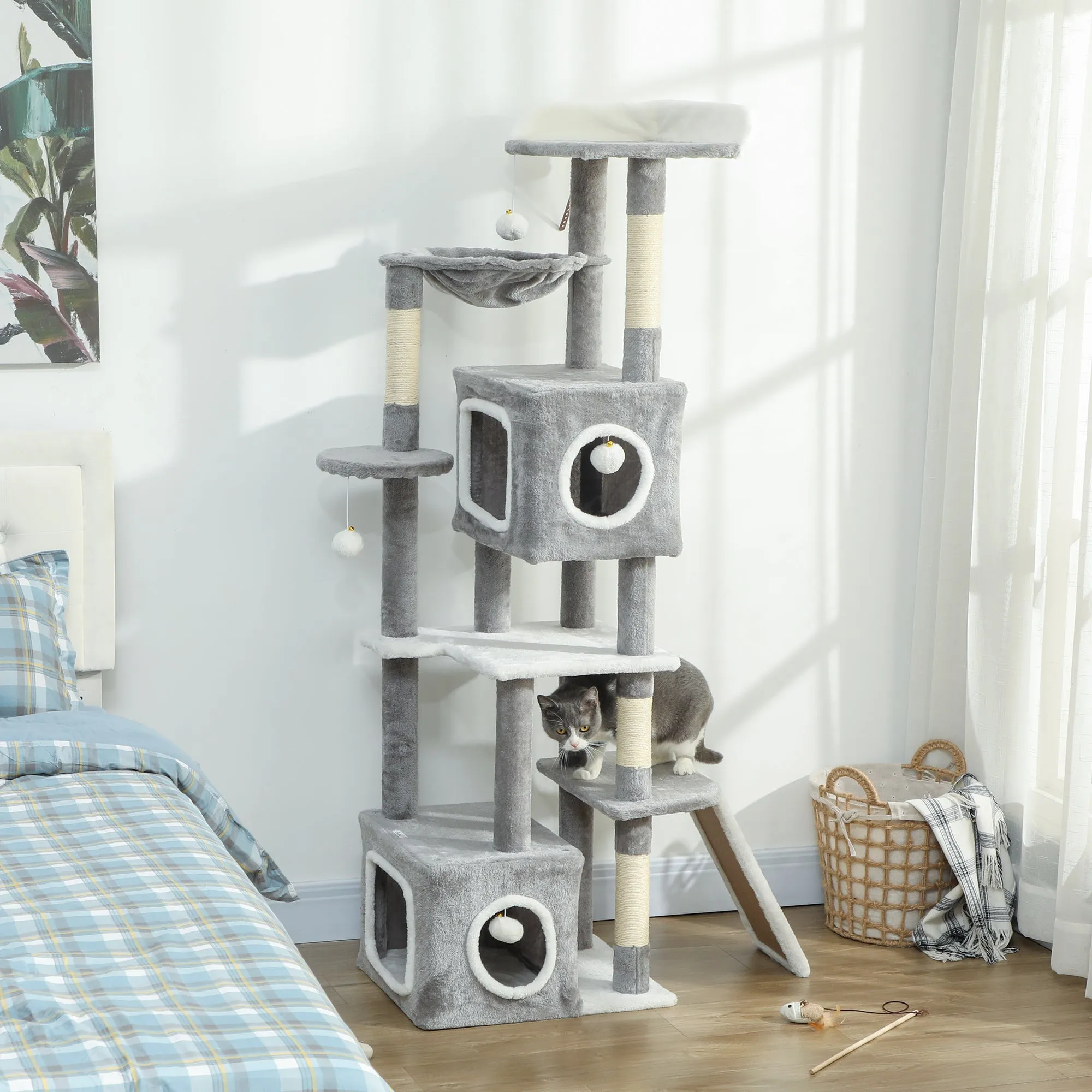 Cat Tree with 2 Cat Houses, Ramp, Perches and 4 Balls, 48x40x165 cm, Grey and White - Image 2