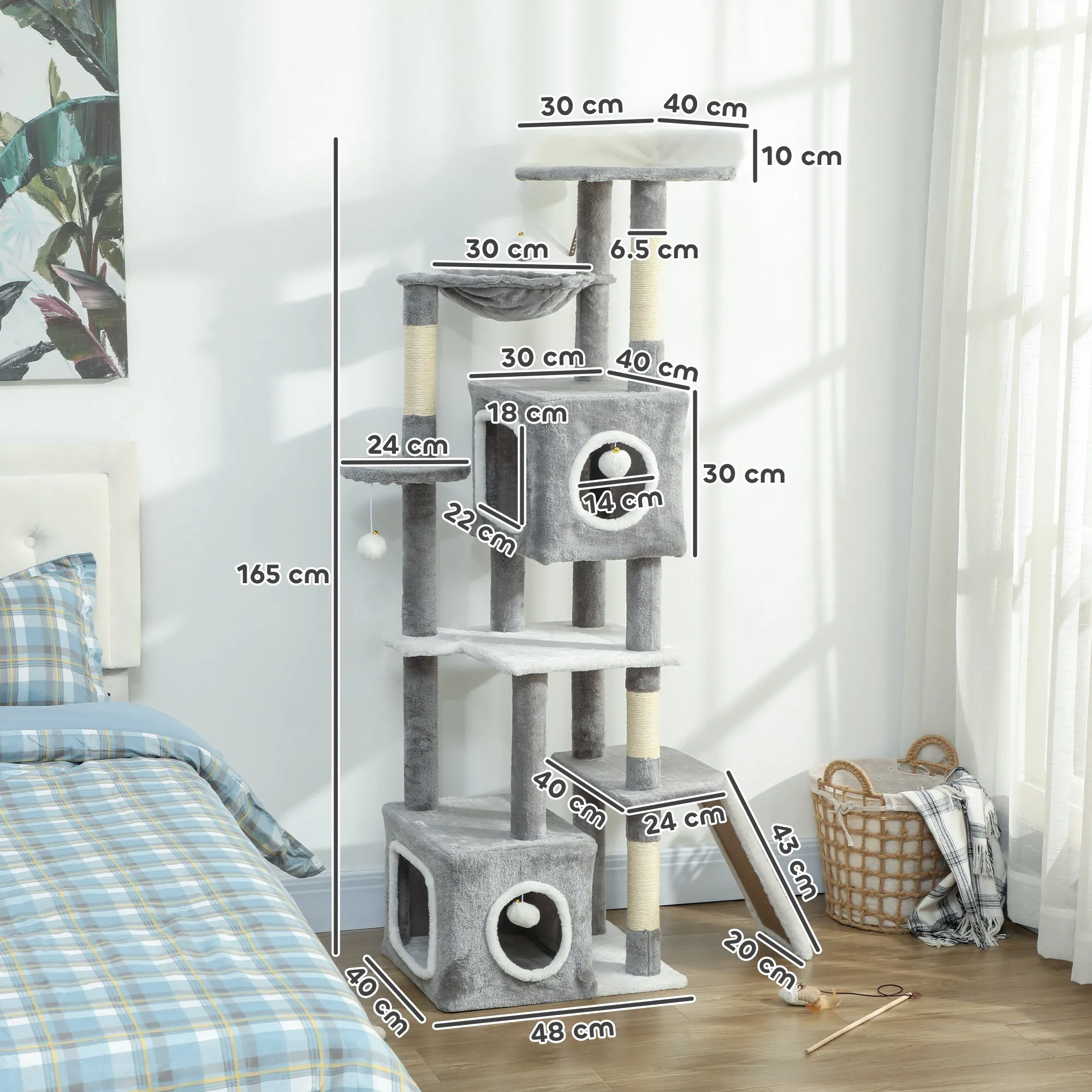 Cat Tree with 2 Cat Houses, Ramp, Perches and 4 Balls, 48x40x165 cm, Grey and White - Image 3