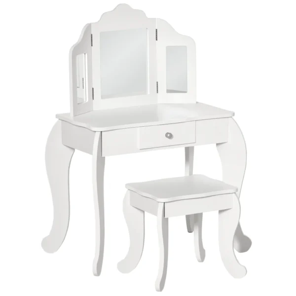 Children's Dressing Table with Stool and Triple Mirror, Wood and Acrylic, 63x40x85.5 cm, White