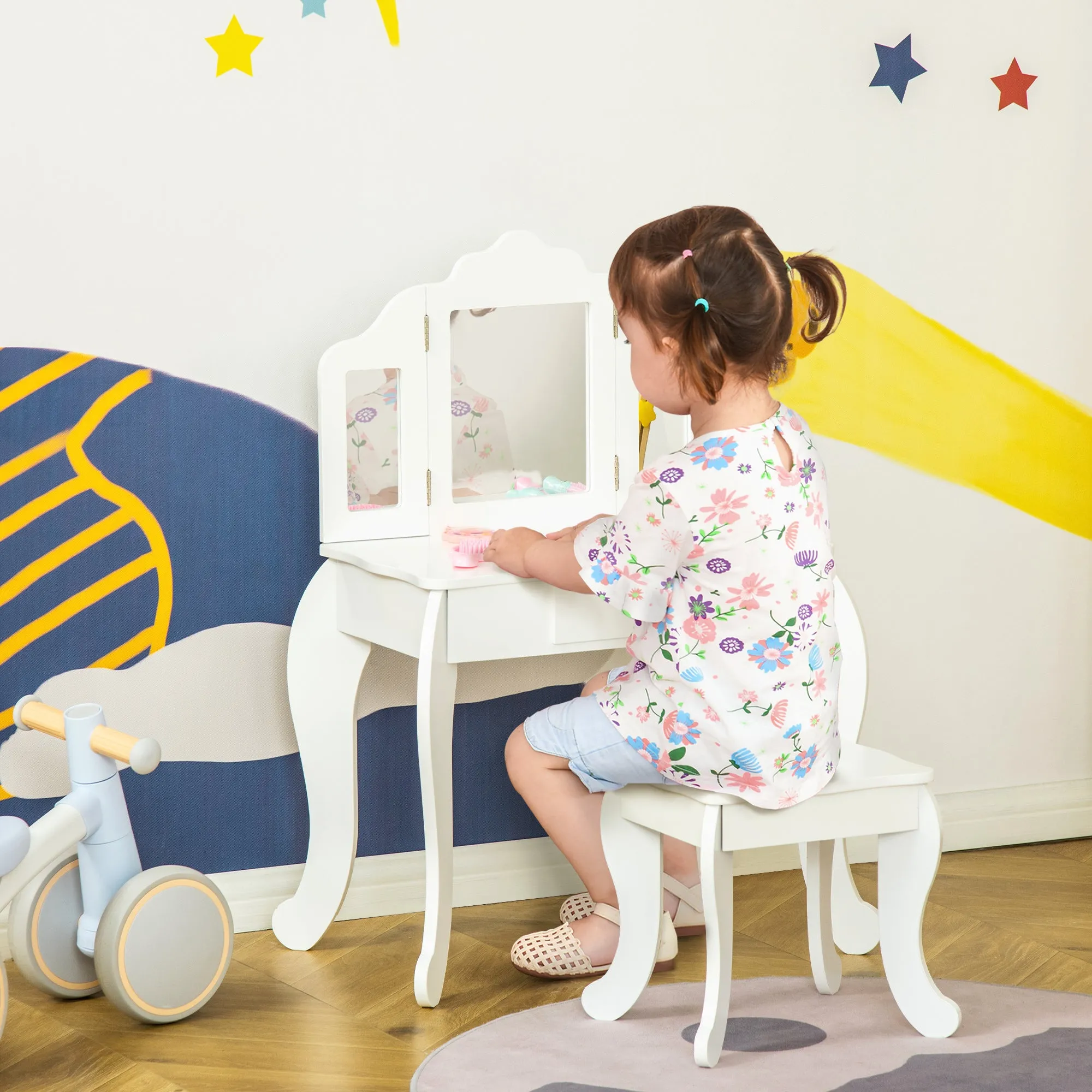 Children's Dressing Table with Stool and Triple Mirror, Wood and Acrylic, 63x40x85.5 cm, White - Image 2
