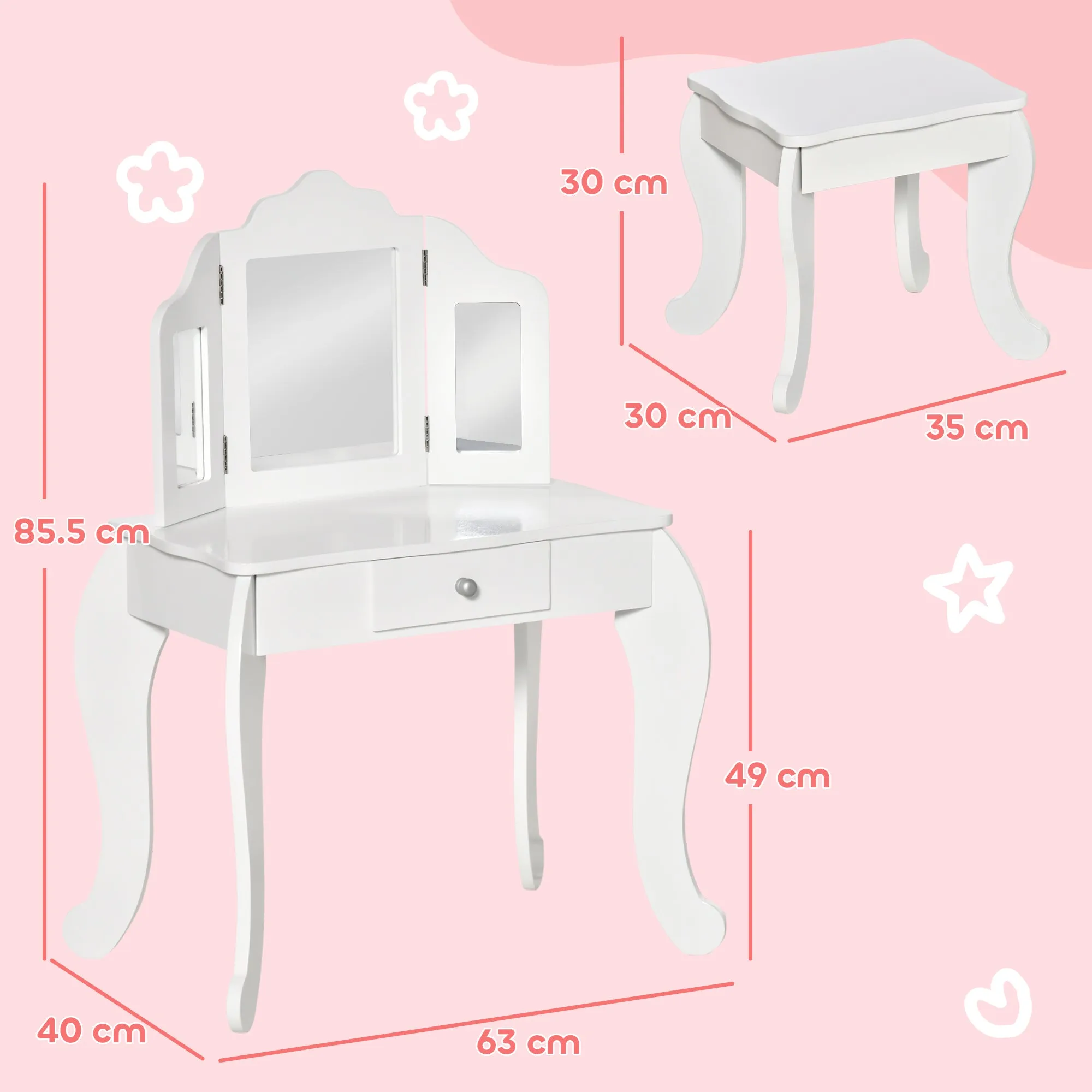 Children's Dressing Table with Stool and Triple Mirror, Wood and Acrylic, 63x40x85.5 cm, White - Image 3