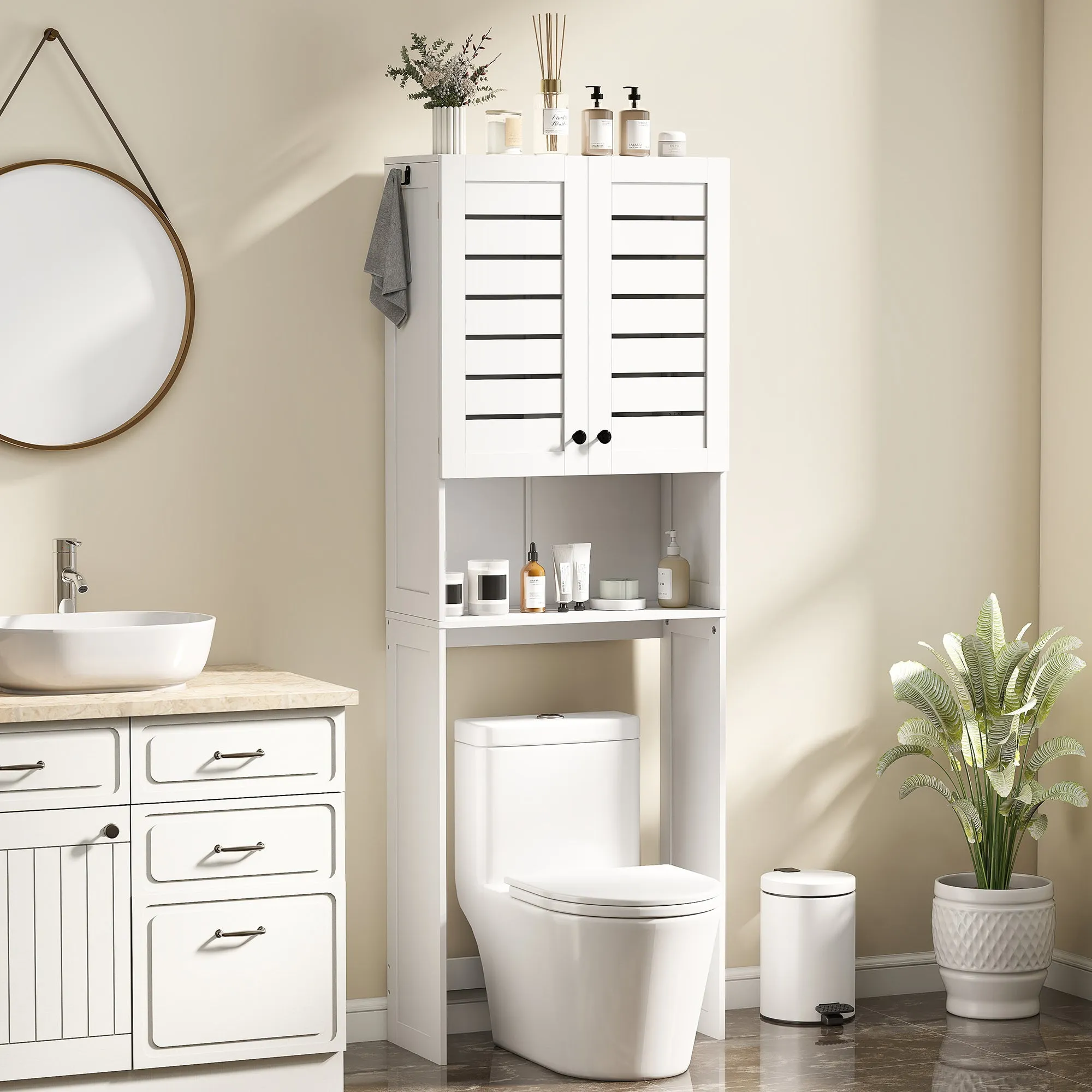 Over Toilet Cabinet with 2 Doors and Open Shelf, White Wood, 67x31.5x190 cm - Image 2