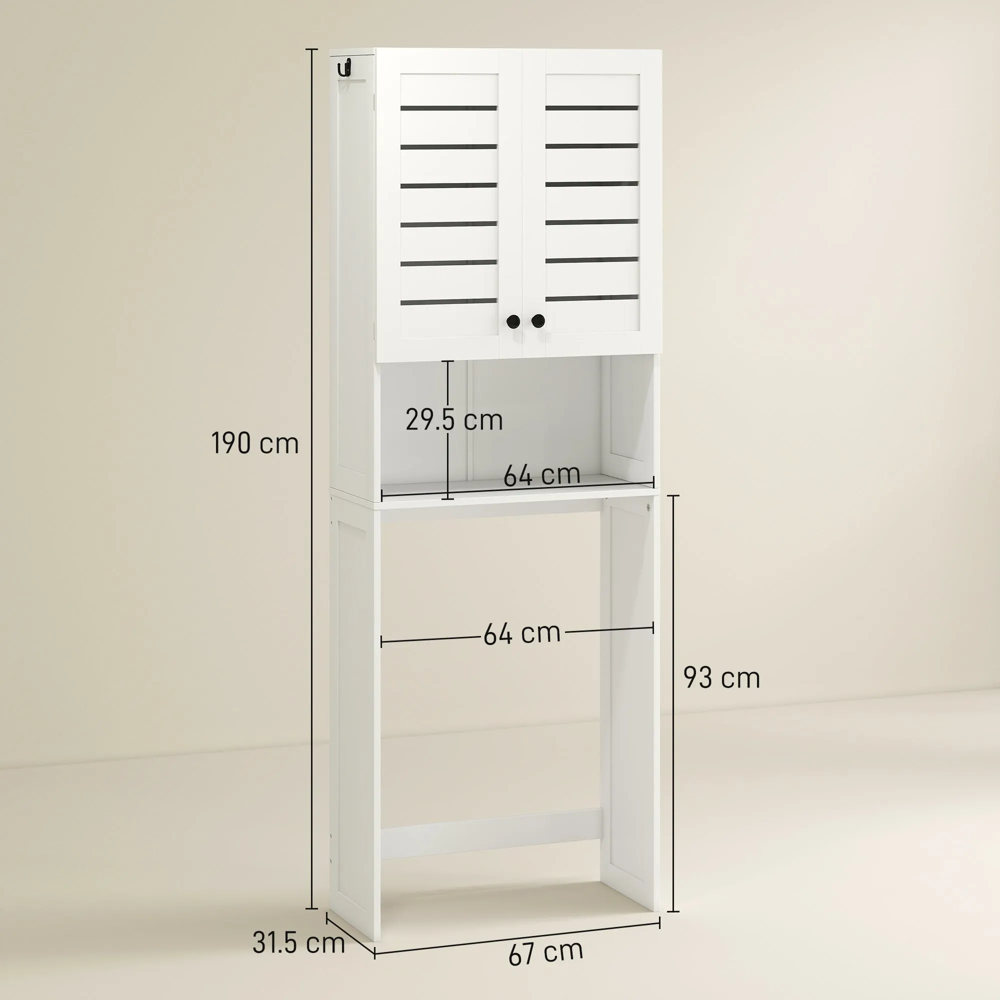 Over Toilet Cabinet with 2 Doors and Open Shelf, White Wood, 67x31.5x190 cm - Image 3