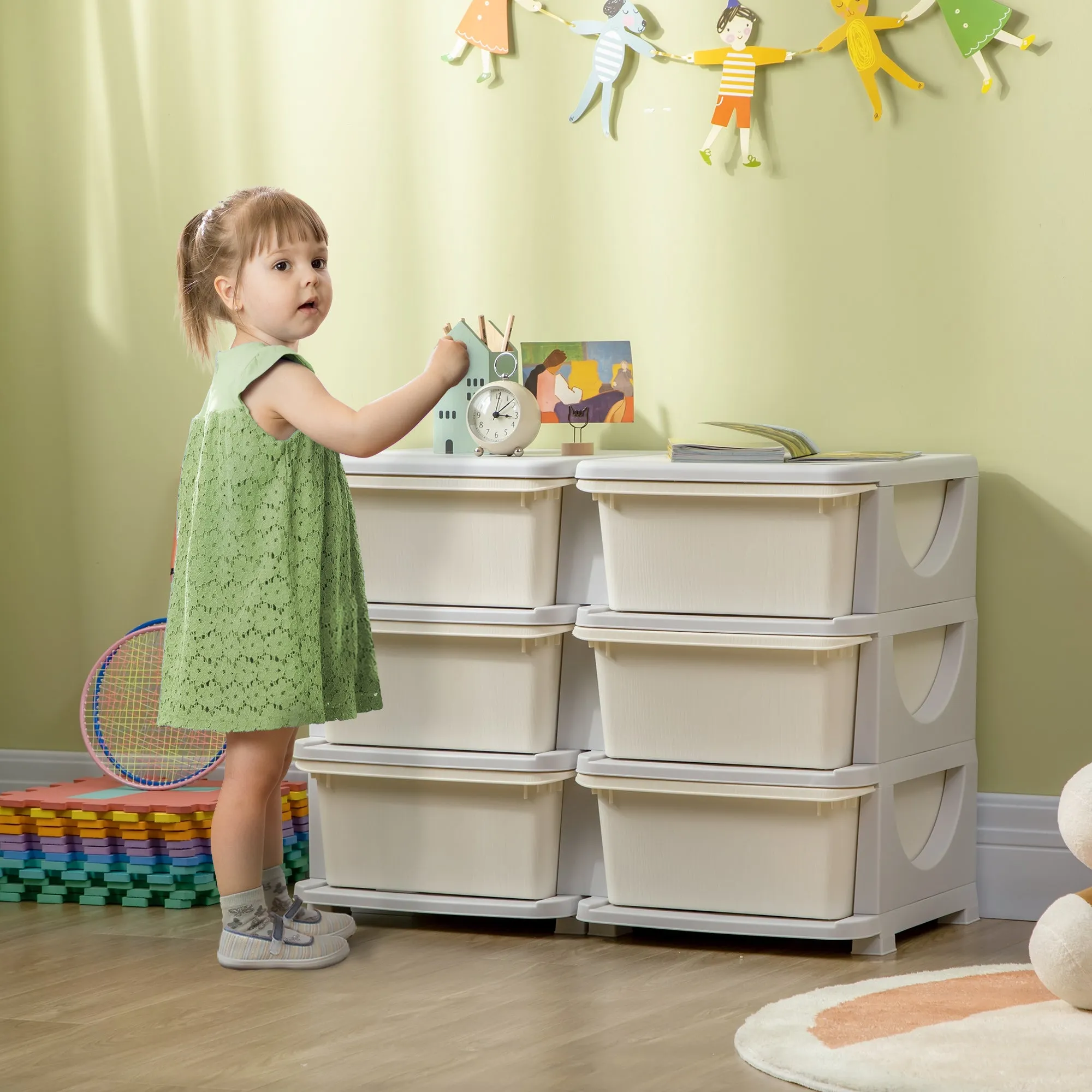 6-Drawer Children's Chest of Drawers for 3-6 Years Old with Rounded Edges, in PP Cream White, 75x37x56.5 cm - Image 2