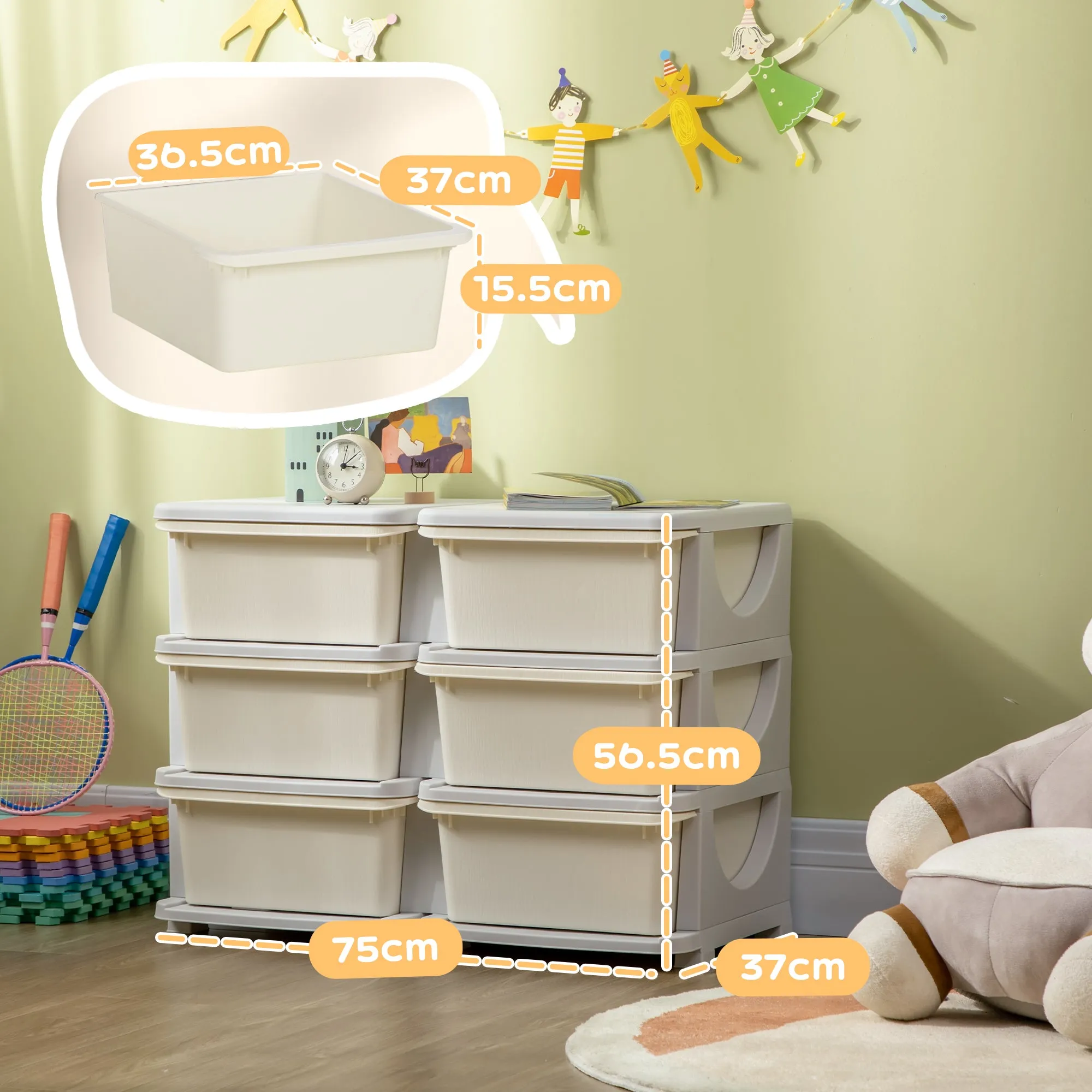 6-Drawer Children's Chest of Drawers for 3-6 Years Old with Rounded Edges, in PP Cream White, 75x37x56.5 cm - Image 3