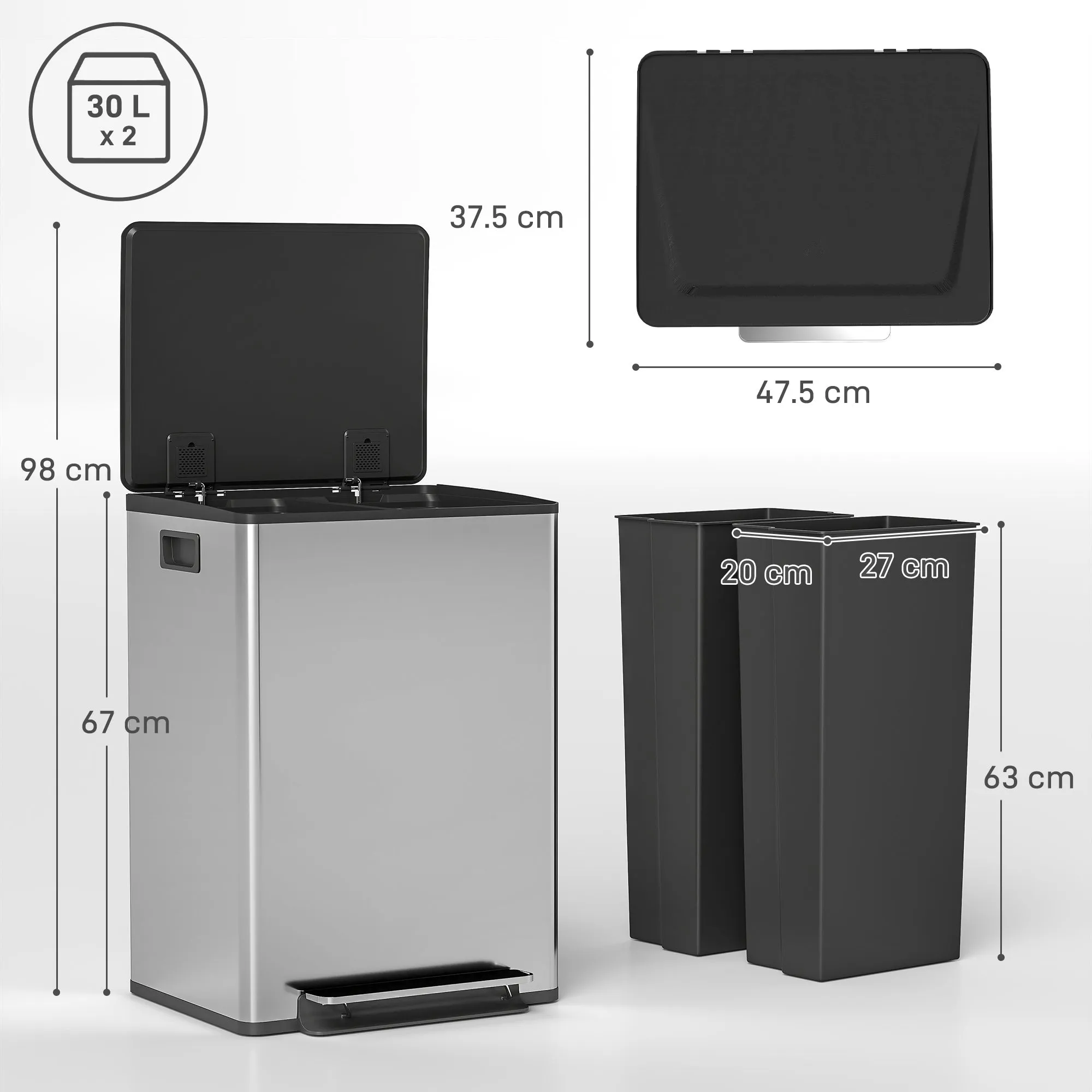 30L Pedal Bin with 2 Compartments, Cushioned Lid and Removable Buckets, Stainless Steel, Silver - Image 3
