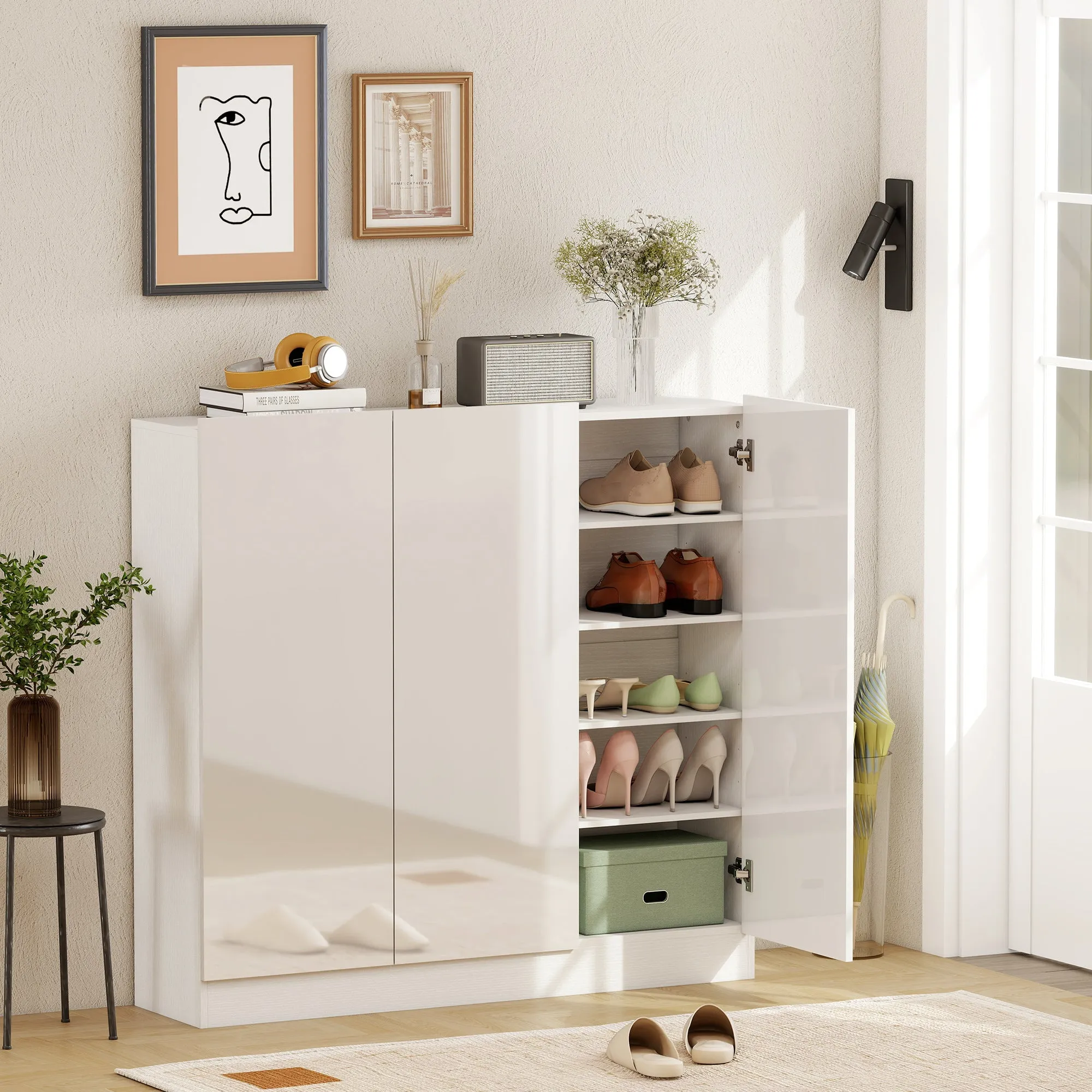 Slim Entryway Shoe Rack for 25-30 Pairs of Shoes with Soft-Close Doors, Glossy White - Image 2