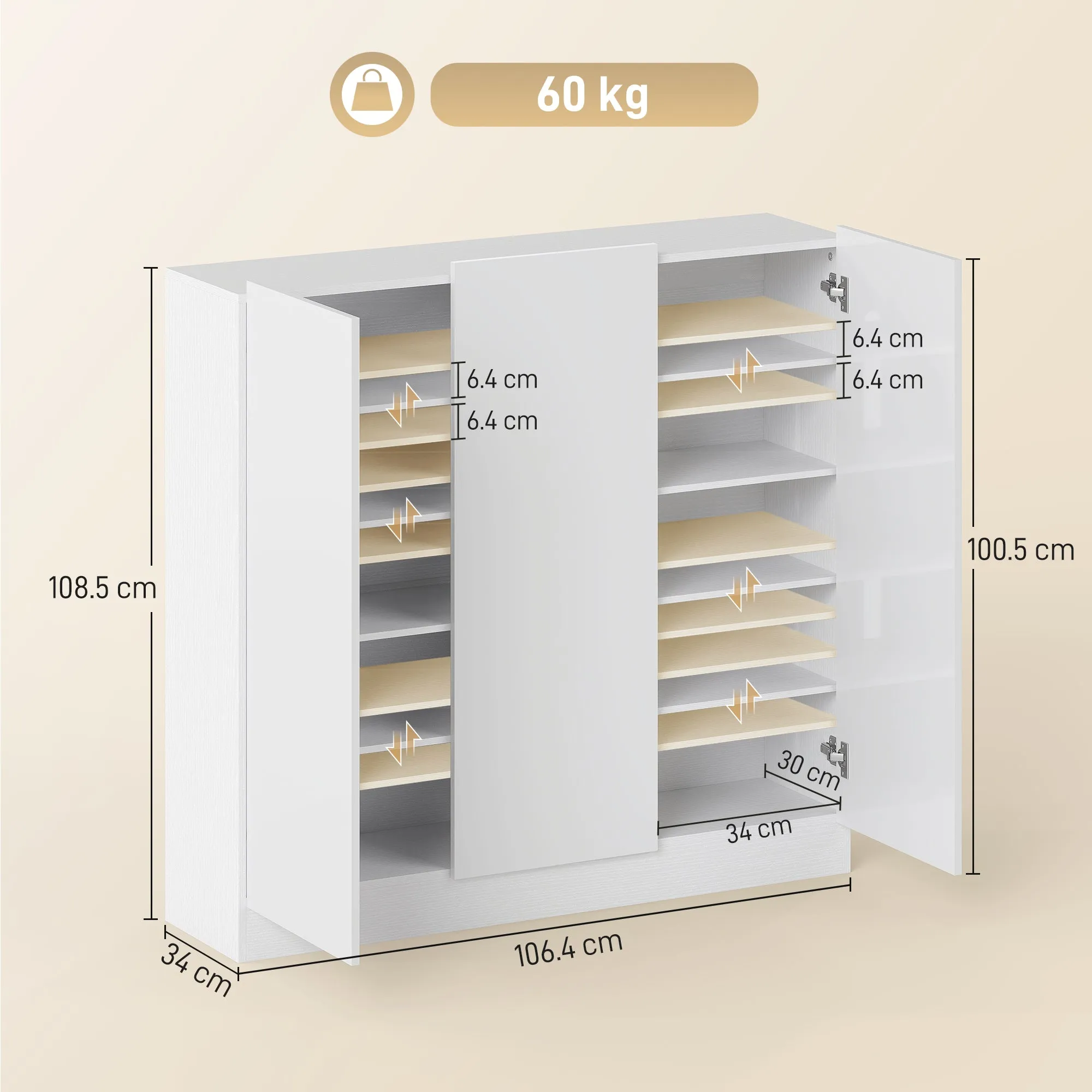 Slim Entryway Shoe Rack for 25-30 Pairs of Shoes with Soft-Close Doors, Glossy White - Image 3