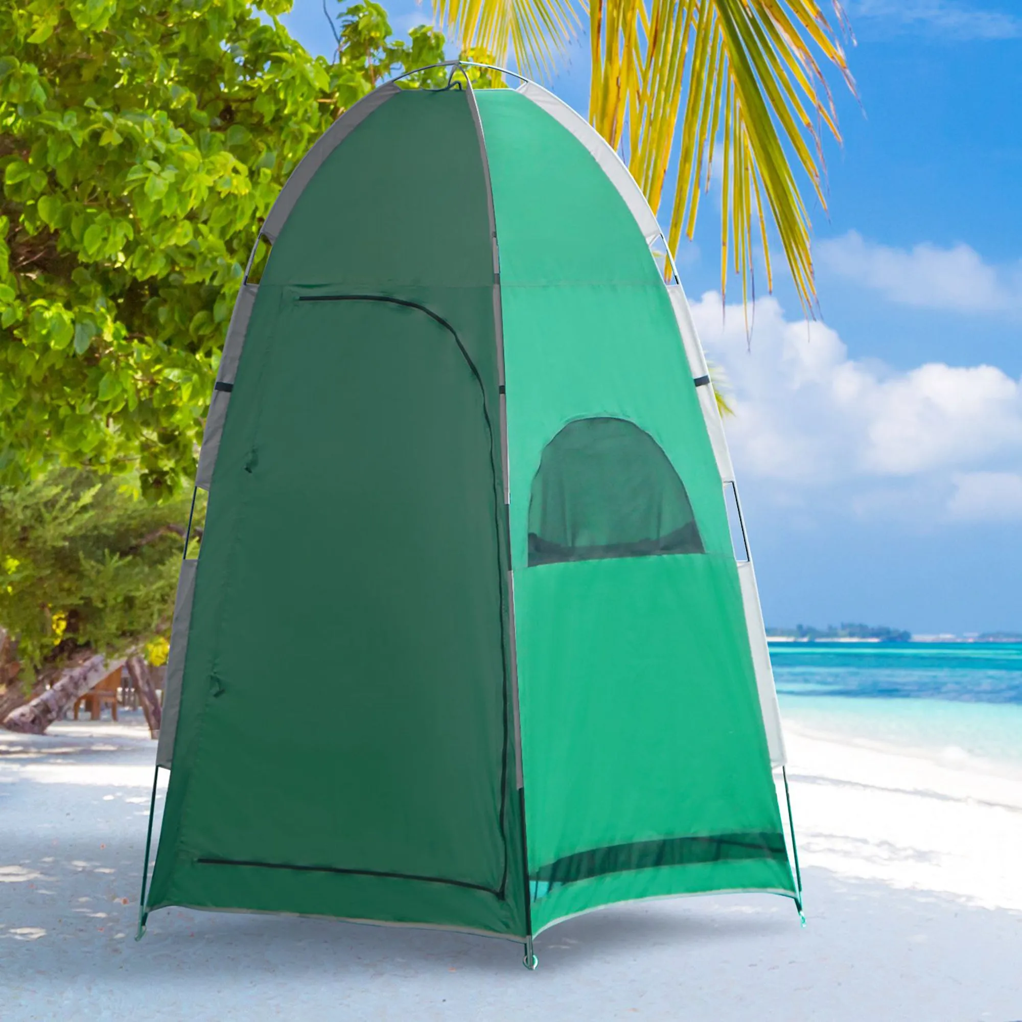 Camping Shower Tent with Carry Bag and Storage Pocket 122x122x213cm, Green - Image 2