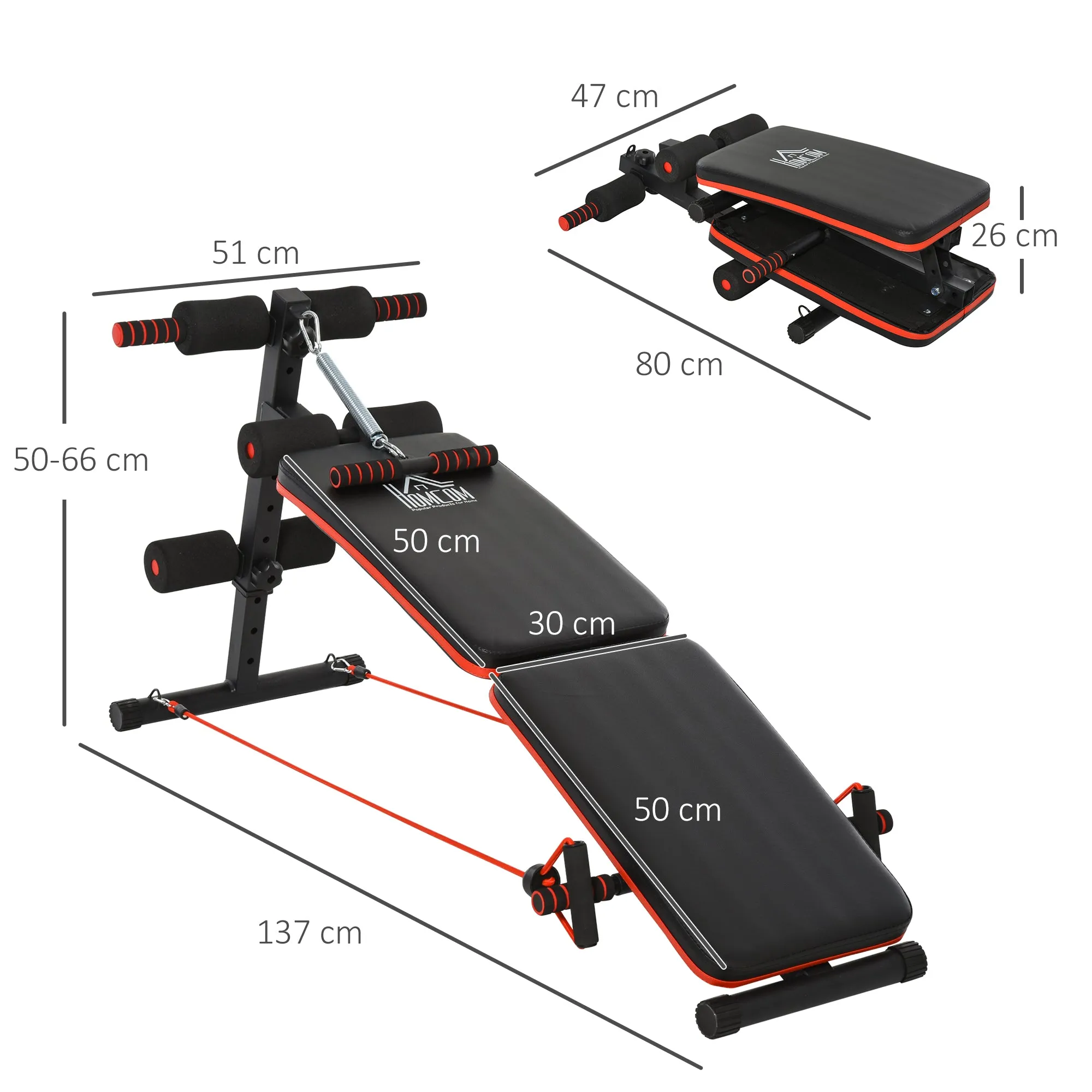 Folding and Adjustable Abdominal Bench with Rowing Machine and 2 Ropes, Steel 51x137x50-66 cm, Black and Red - Image 3
