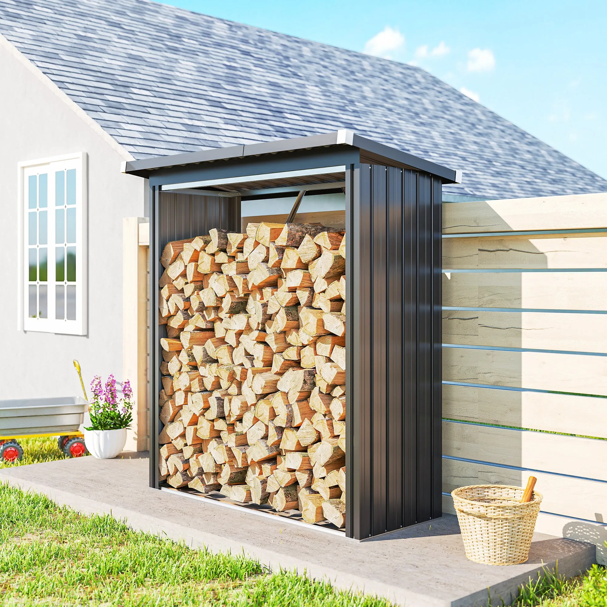 Outdoor Steel Log Shed, Raised Base and Sloped Roof, 150x66.5x150 cm, Dark Grey - Image 2