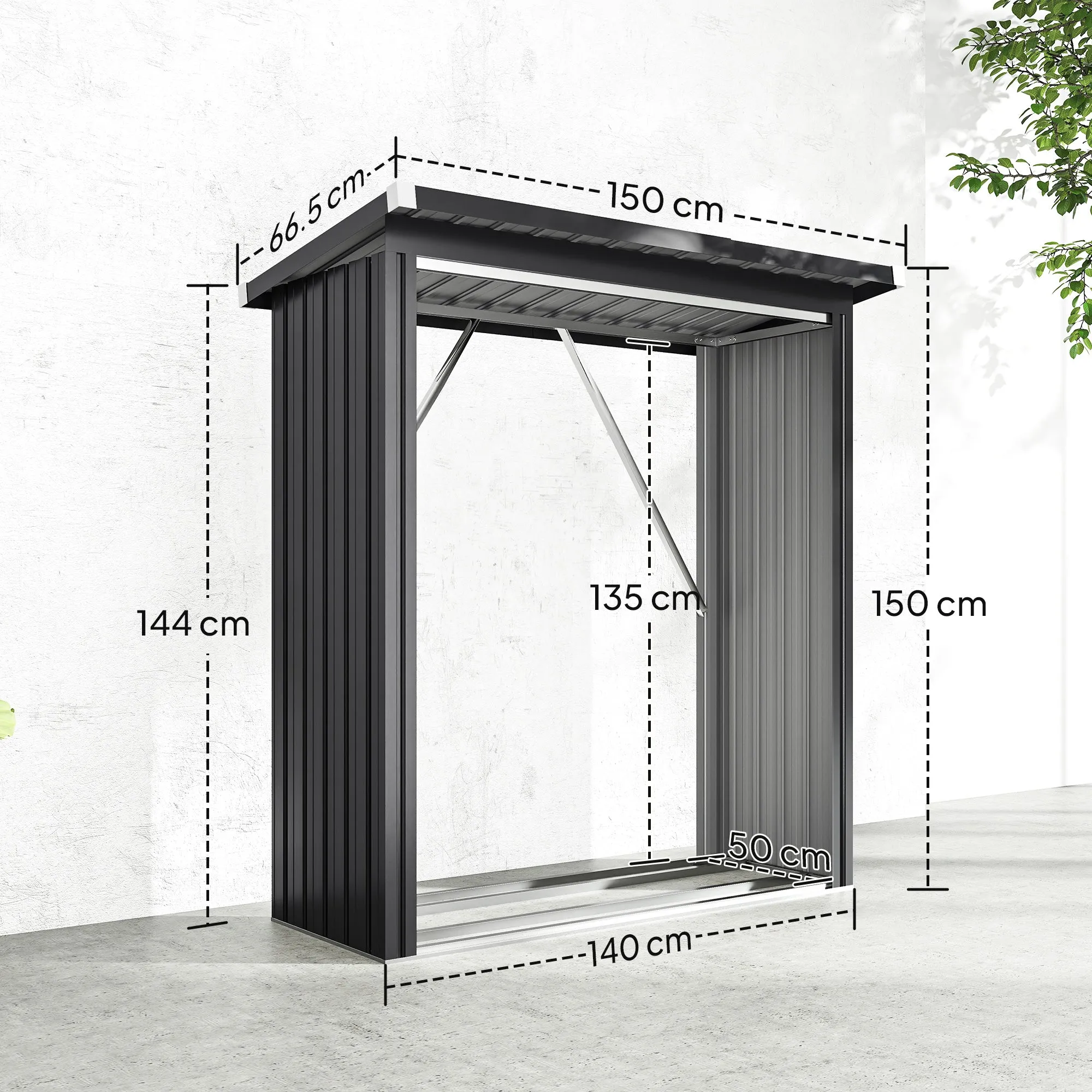 Outdoor Steel Log Shed, Raised Base and Sloped Roof, 150x66.5x150 cm, Dark Grey - Image 3