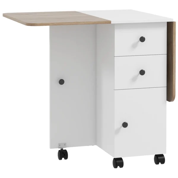 Folding Table with 2 Drawers and Cabinet, 6 Wheels and Brakes, 120x60x76.5 cm, White and Oak