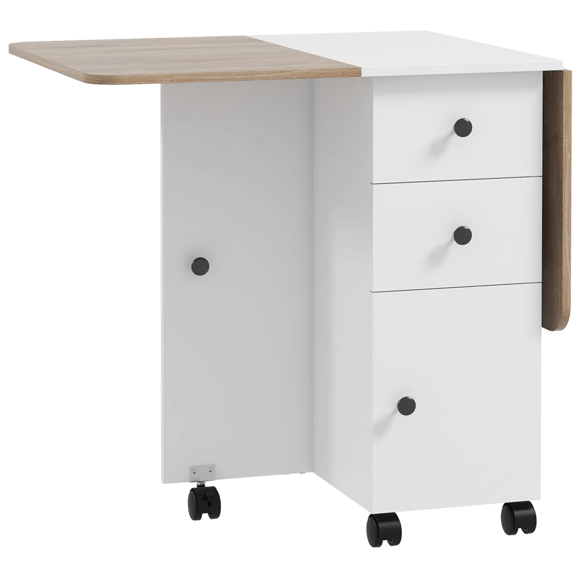 Folding Table with 2 Drawers and Cabinet, 6 Wheels and Brakes, 120x60x76.5 cm, White and Oak