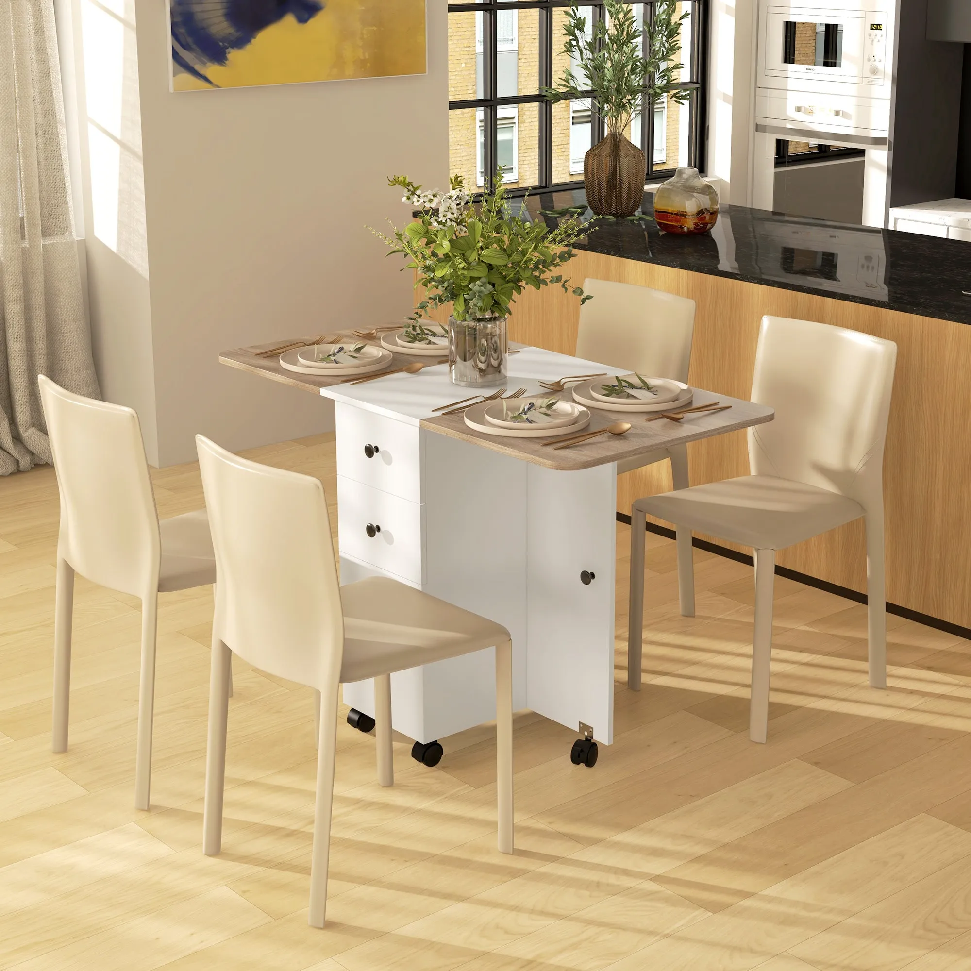 Folding Table with 2 Drawers and Cabinet, 6 Wheels and Brakes, 120x60x76.5 cm, White and Oak - Image 2