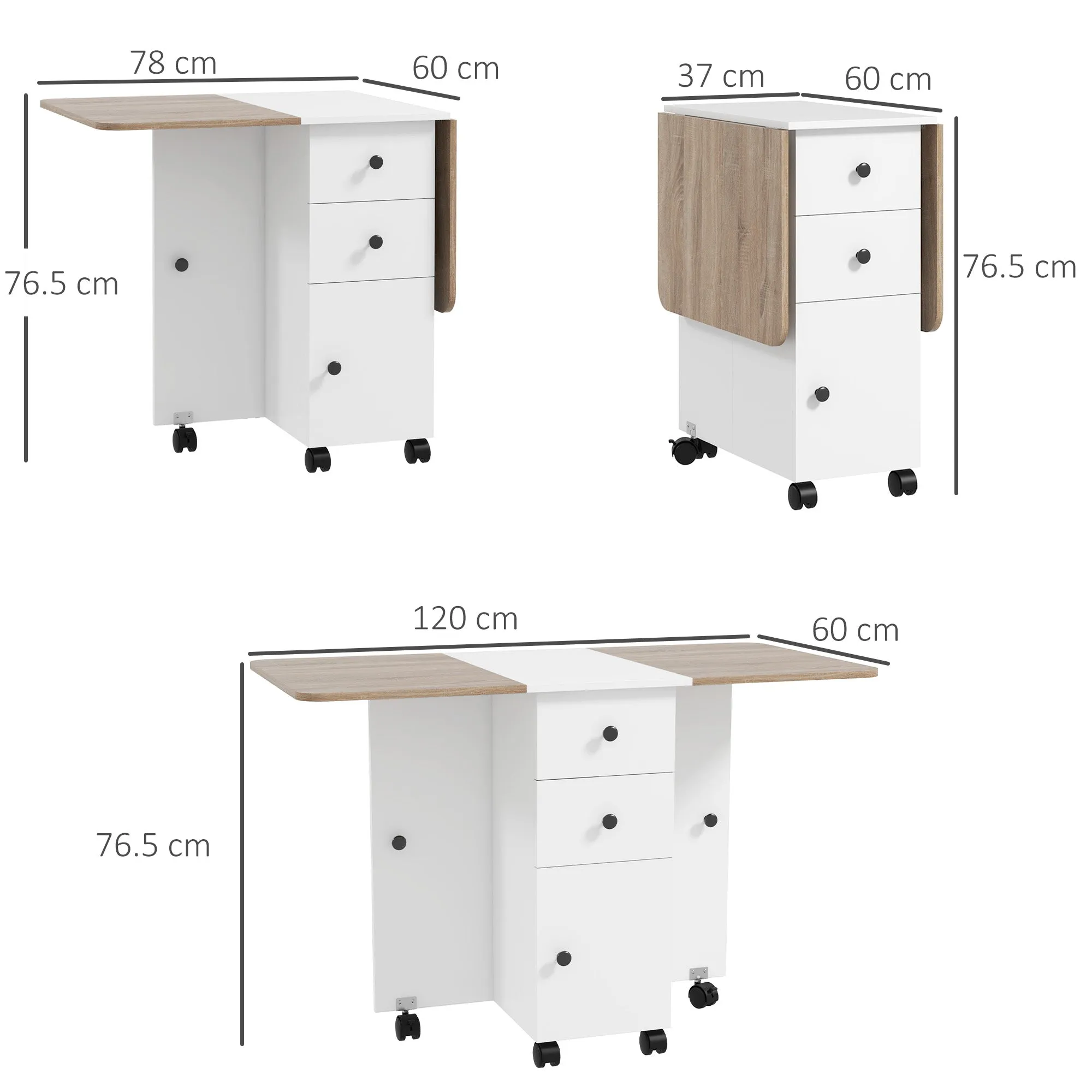 Folding Table with 2 Drawers and Cabinet, 6 Wheels and Brakes, 120x60x76.5 cm, White and Oak - Image 3
