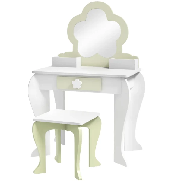 Girls' Dressing Table Set with Makeup Mirror and Matching Stool, Wooden Drawer and Storage, White