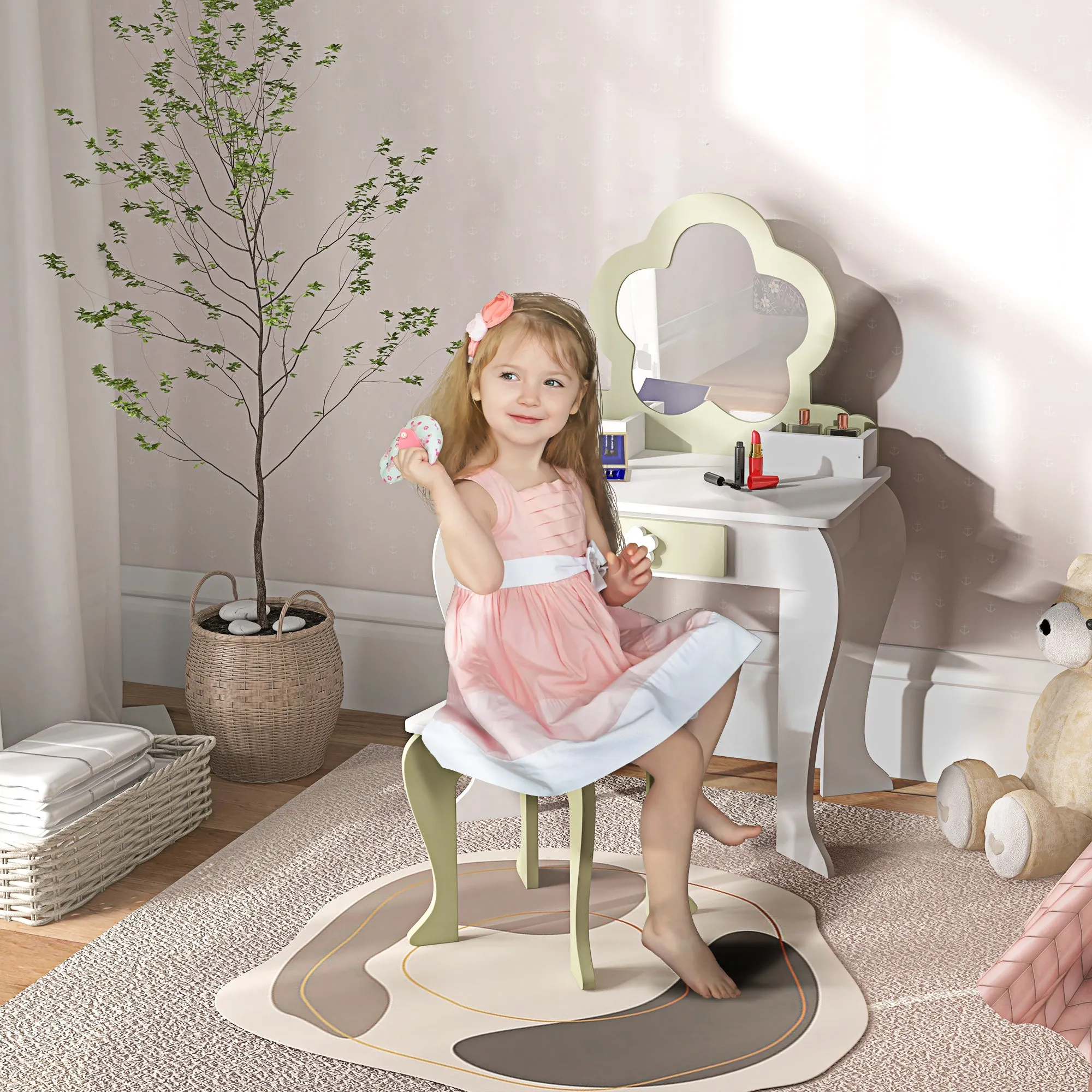 Girls' Dressing Table Set with Makeup Mirror and Matching Stool, Wooden Drawer and Storage, White - Image 2