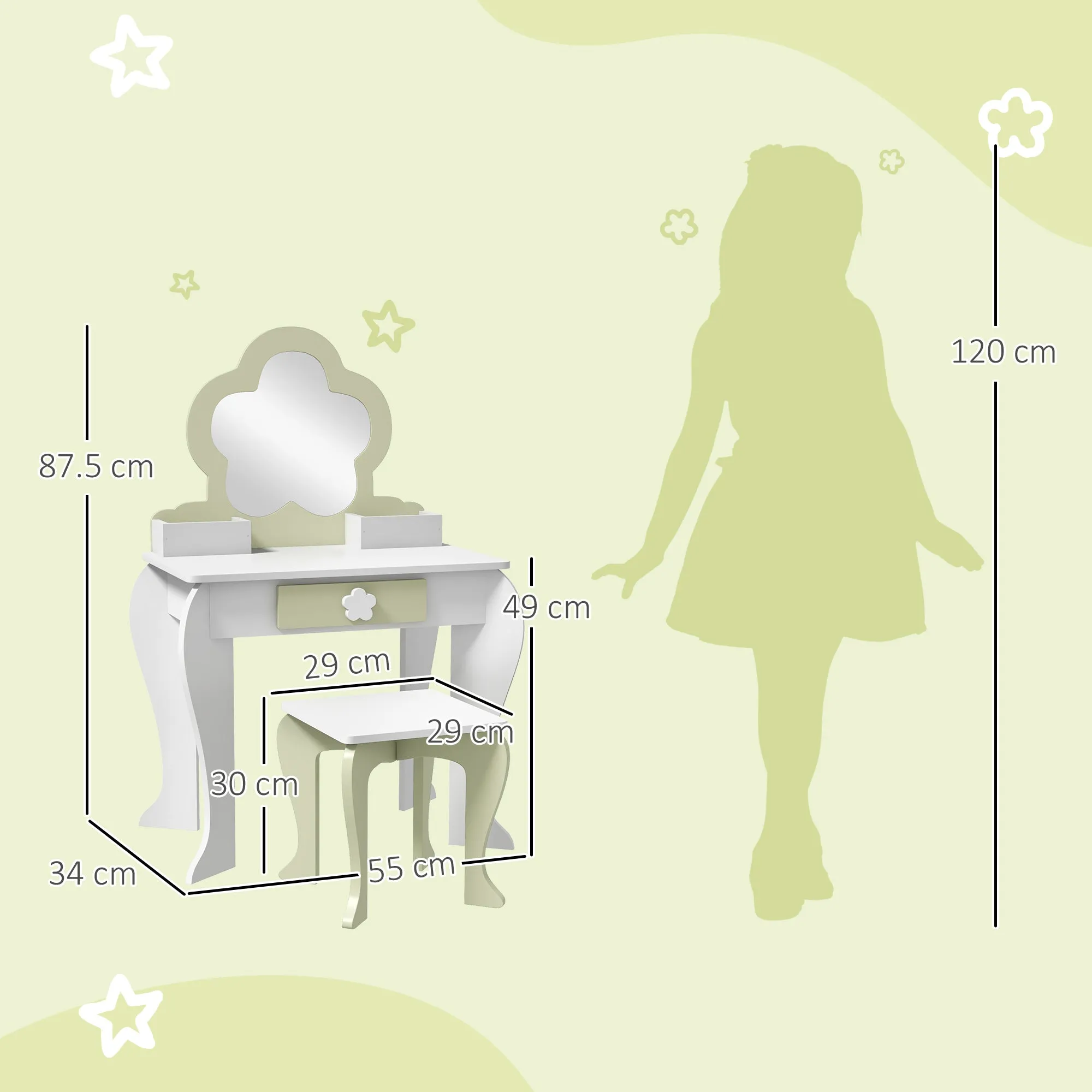 Girls' Dressing Table Set with Makeup Mirror and Matching Stool, Wooden Drawer and Storage, White - Image 3