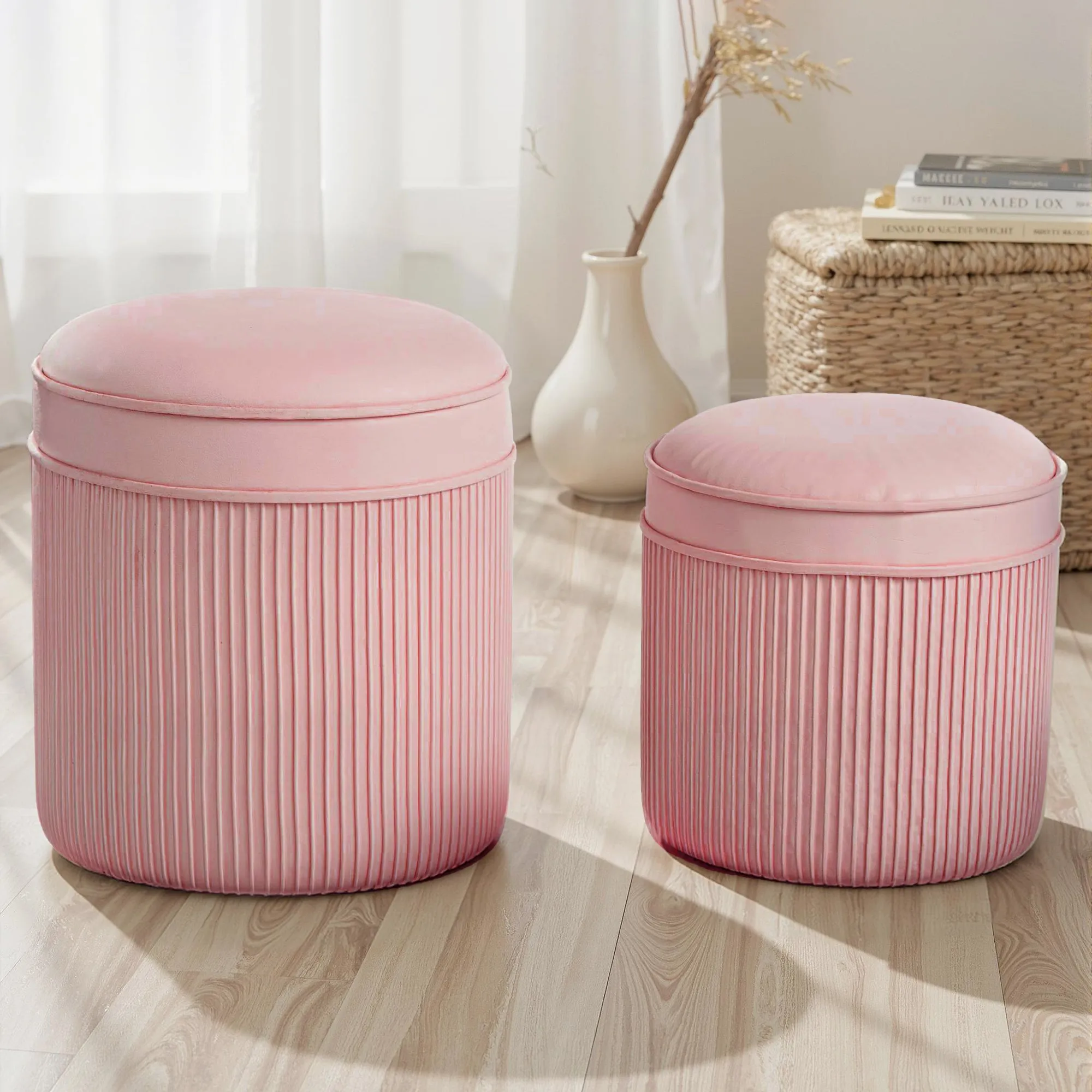 Set of 2 Round Stackable Upholstered Footstools with Velvet Upholstery, 34.8L Storage, Pink - Image 2