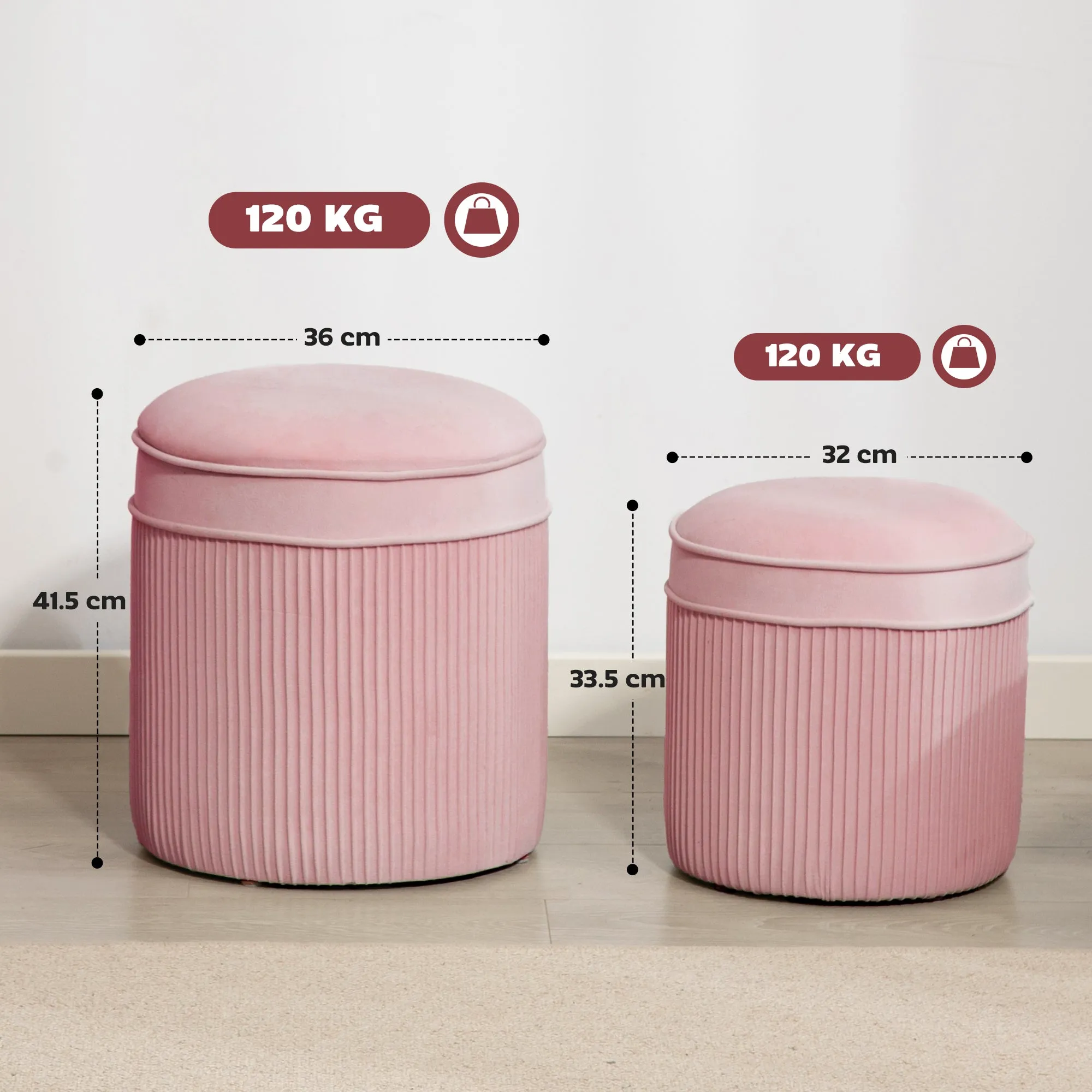 Set of 2 Round Stackable Upholstered Footstools with Velvet Upholstery, 34.8L Storage, Pink - Image 3