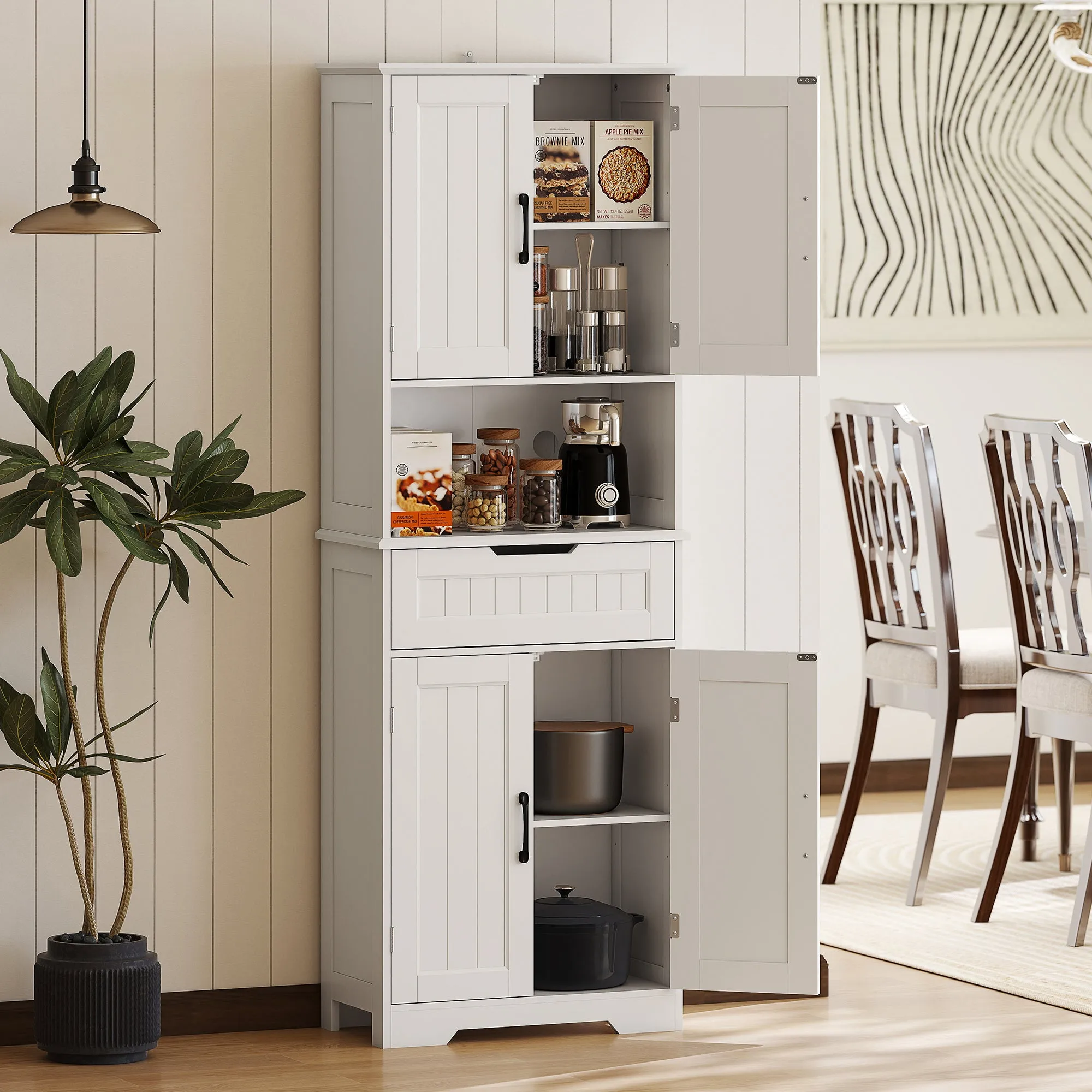 Kitchen Sideboard with 2 Cabinets and Drawer, Open Center Top and Adjustable Shelves, White - Image 2