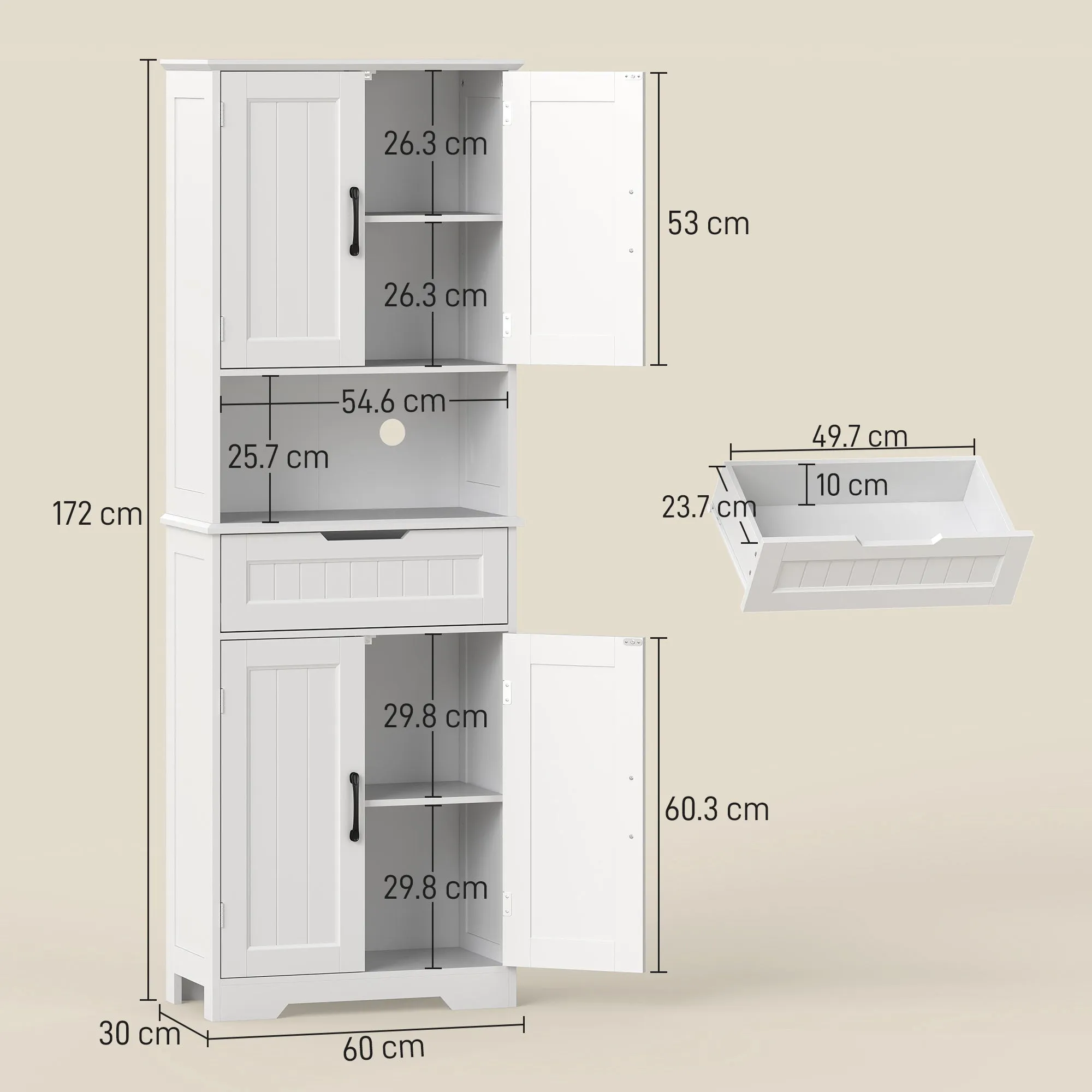 Kitchen Sideboard with 2 Cabinets and Drawer, Open Center Top and Adjustable Shelves, White - Image 3
