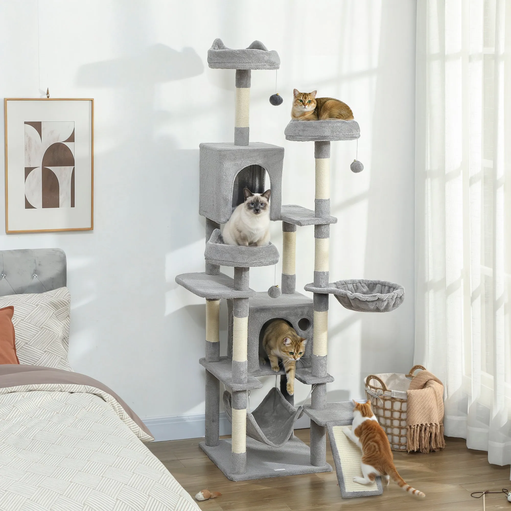 Cat Tree with Ladder, 2 Hammocks, 3 Perches, 2 Houses and 3 Platforms, 48x48x192 cm, Grey and Cream - Image 2