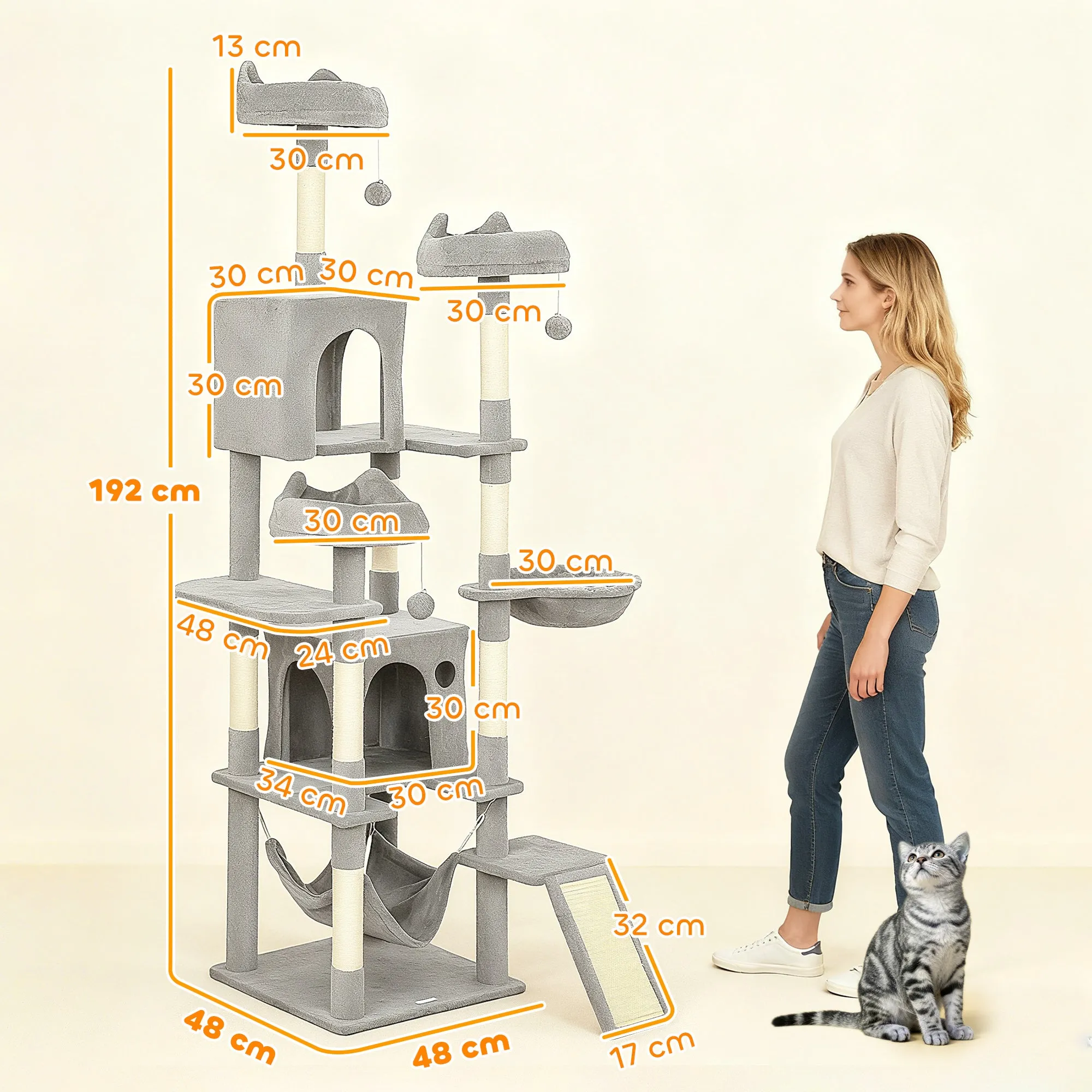 Cat Tree with Ladder, 2 Hammocks, 3 Perches, 2 Houses and 3 Platforms, 48x48x192 cm, Grey and Cream - Image 3
