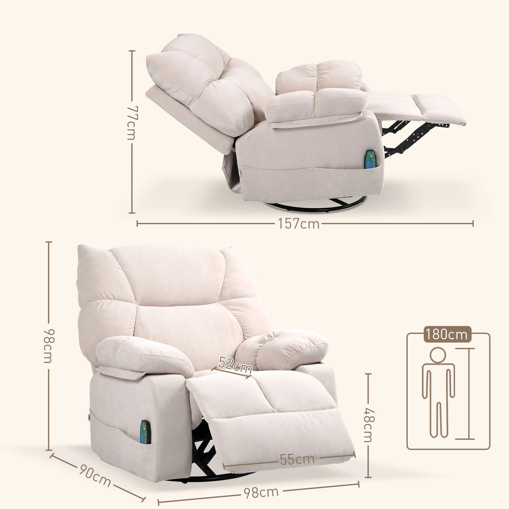 Recliner Chair with Footrest, Massage and Heating with 5 Programs and 8 Vibration Points, Beige - Image 3