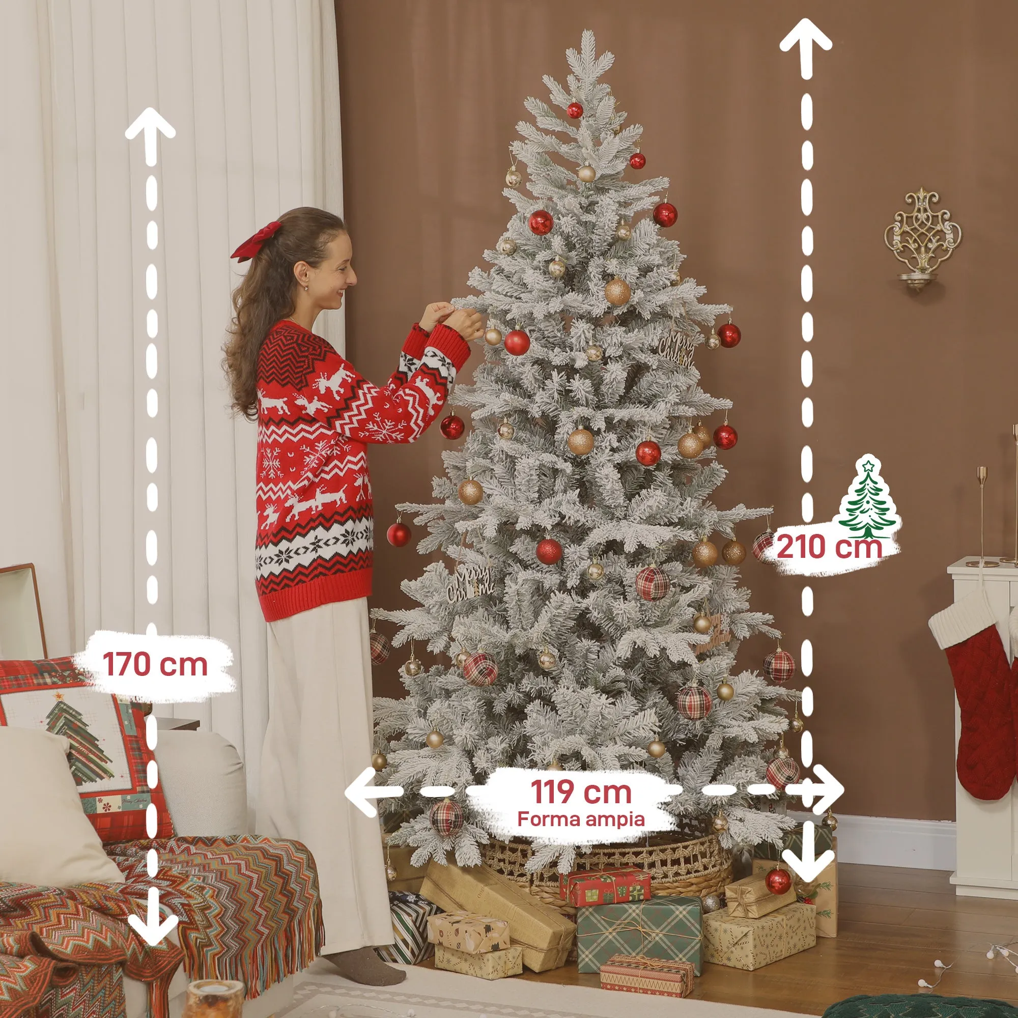 210cm Tall Snow-Covered Christmas Tree with Realistic Branches and Foldable Metal Base - Image 3