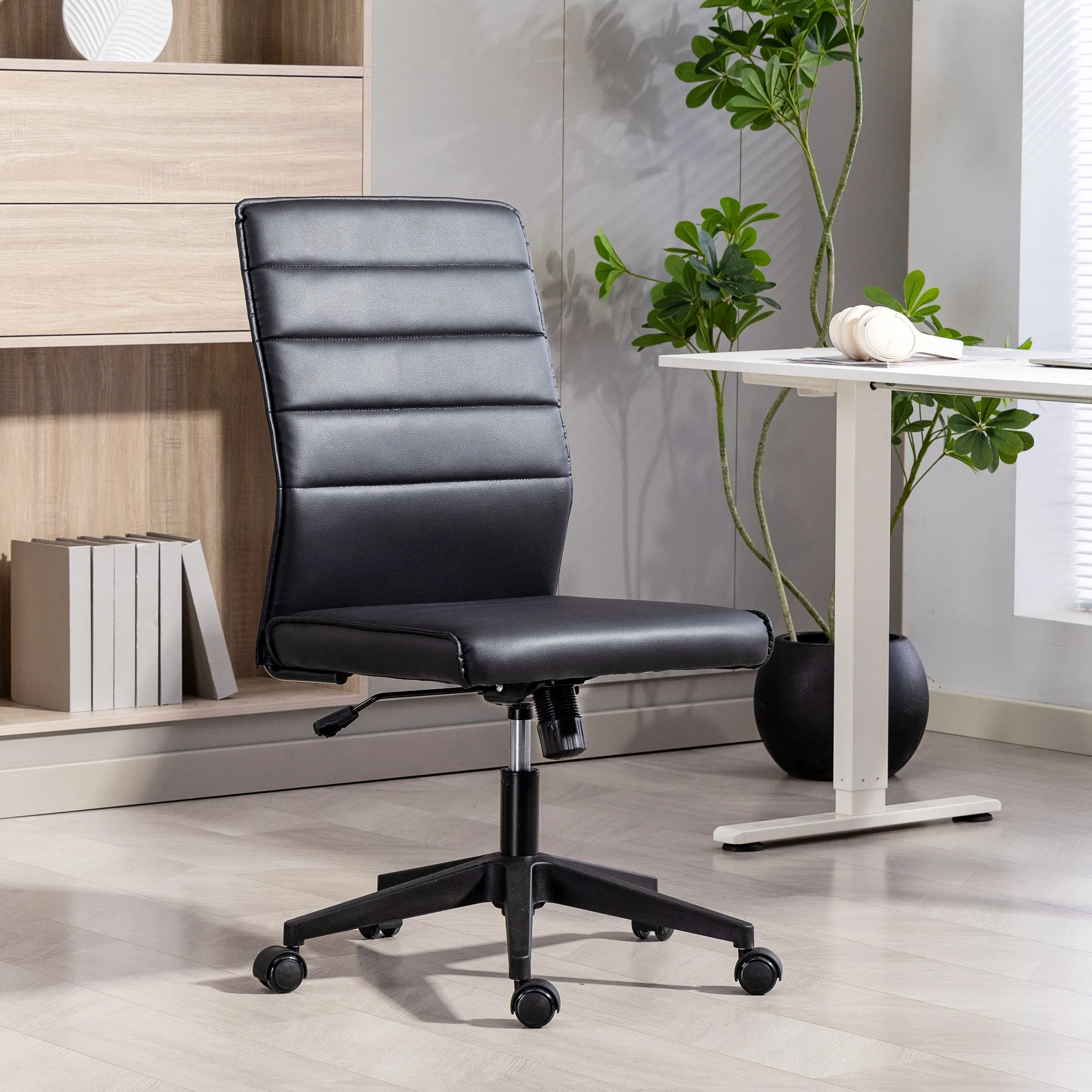Ergonomic Office Chair with Curved Backrest, Adjustable PU Leather and Steel, 58x53x97-107 cm, Black - Image 2